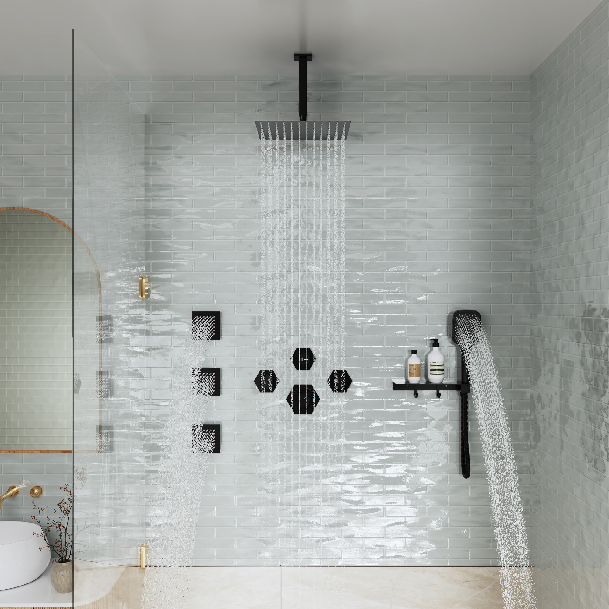 Ceiling Mount 3 Function Thermostatic Shower System with Rainfall Massage Jets