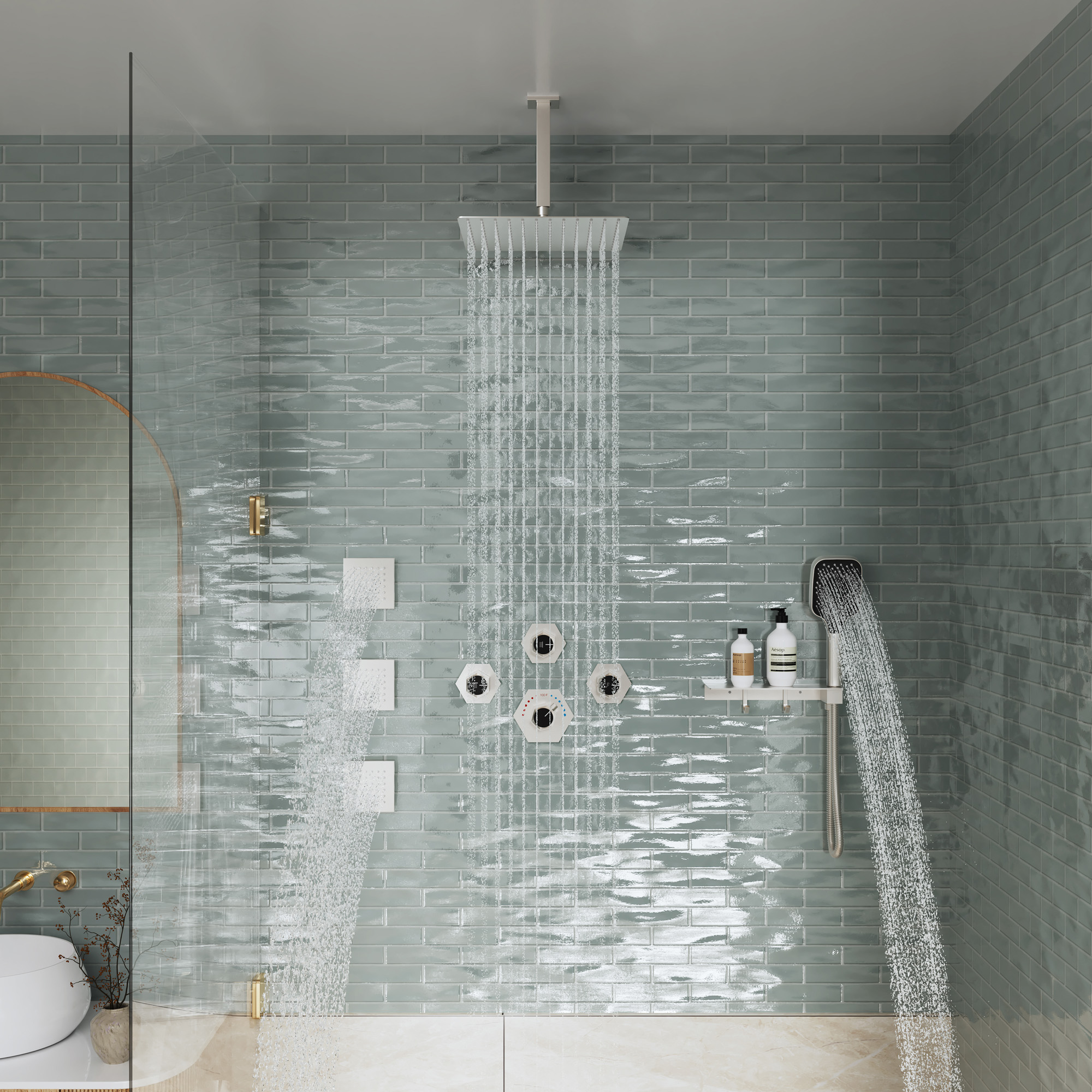 Ceiling Mount 3 Function Thermostatic Shower System with Rainfall Massage Jets