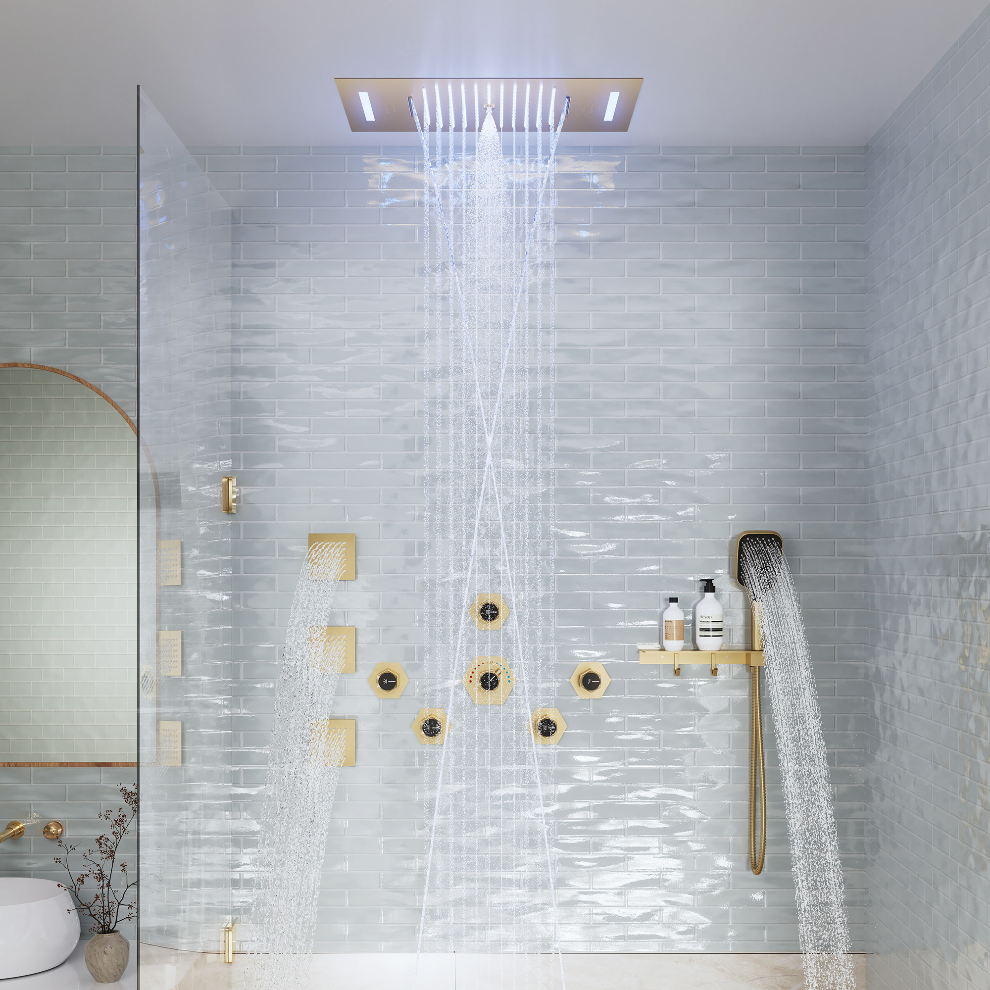 22.8" x 15" Luxury Thermostatic Ceiling-Mount Shower System with 64-Color LED Lights