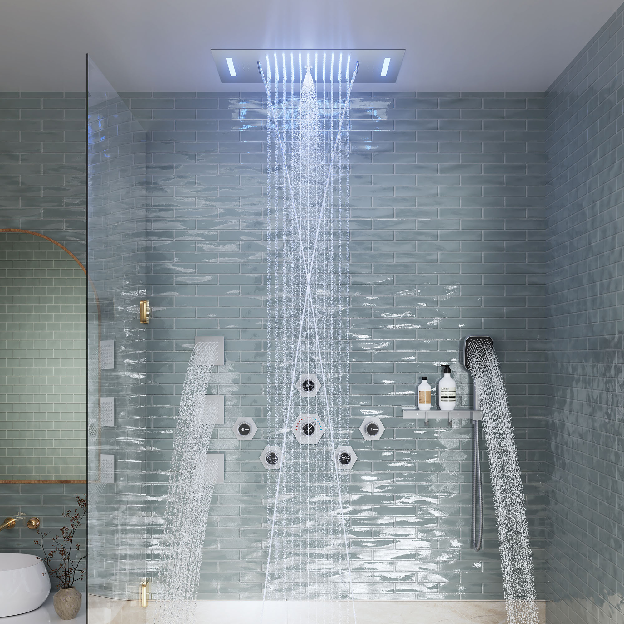 22.8" x 15" Luxury Thermostatic Ceiling-Mount Shower System with 64-Color LED Lights