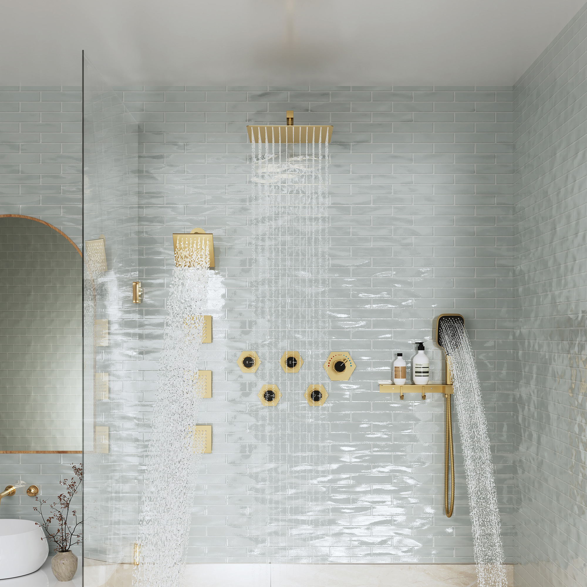 12" Dual Shower Head System with with 360° Side Sprays & Shelving Shower Holder