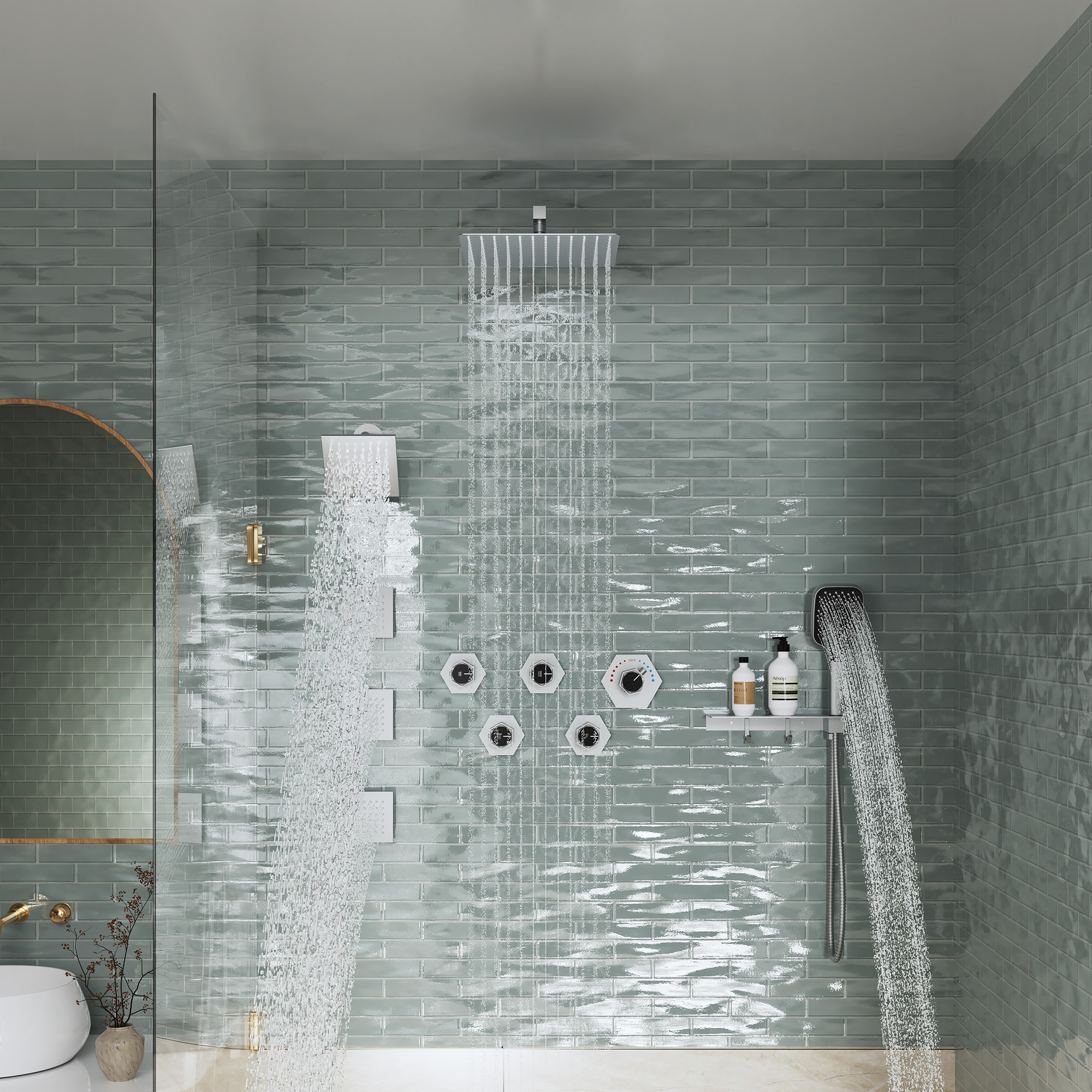 12" Dual Shower Head System with with 360° Side Sprays & Shelving Shower Holder