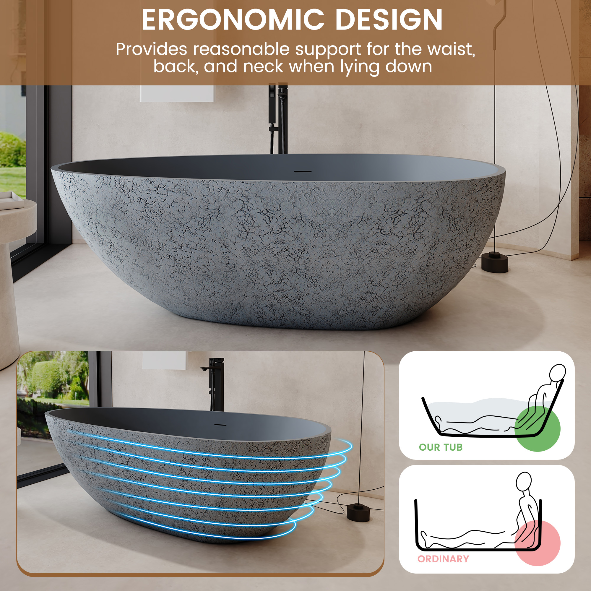59" Freestanding Resin Stone Soaking Bathtub with Cement-Colored Body and Outer Dot