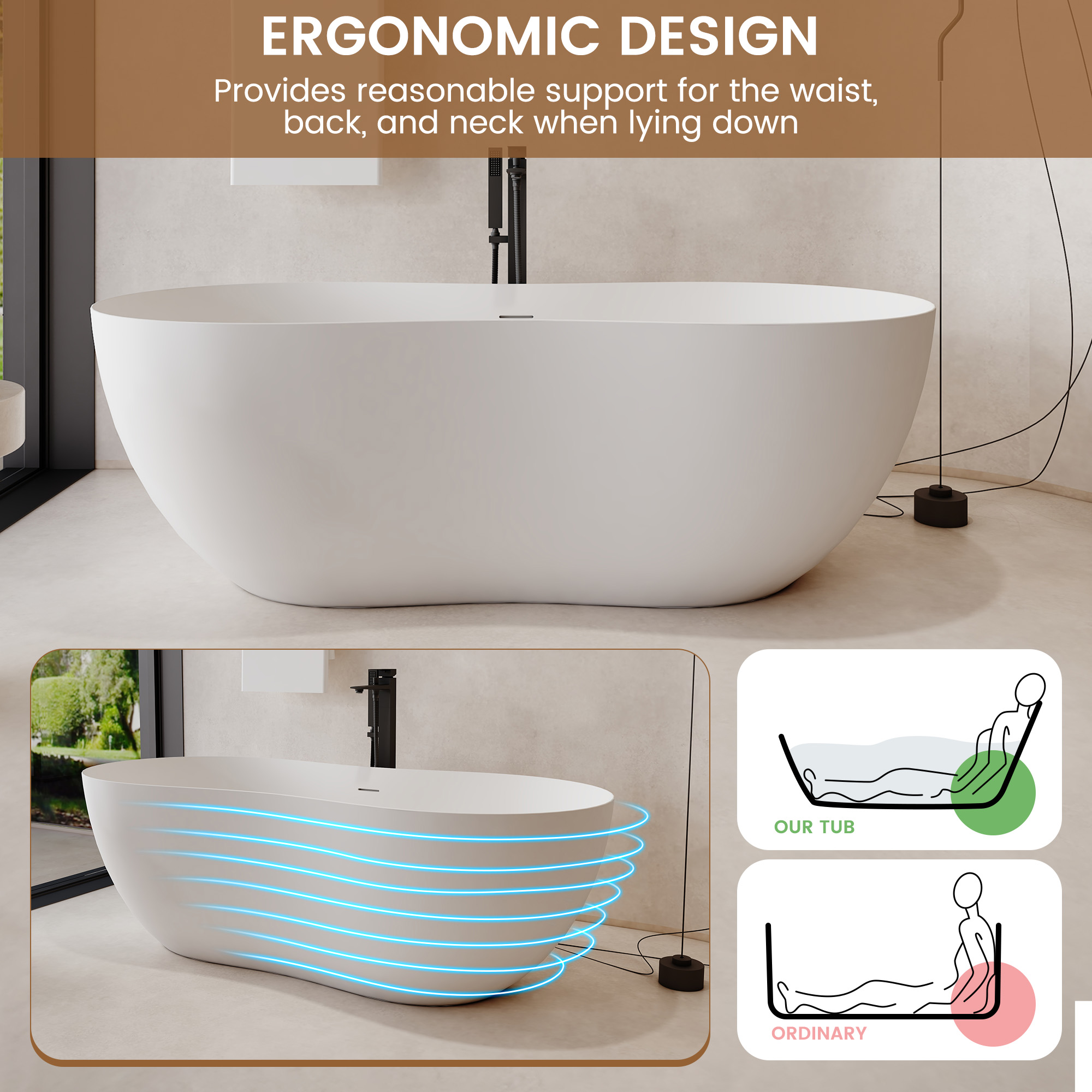 67" Solid Surface Freestanding Soaking Bathtub with Unique Peanut Shape