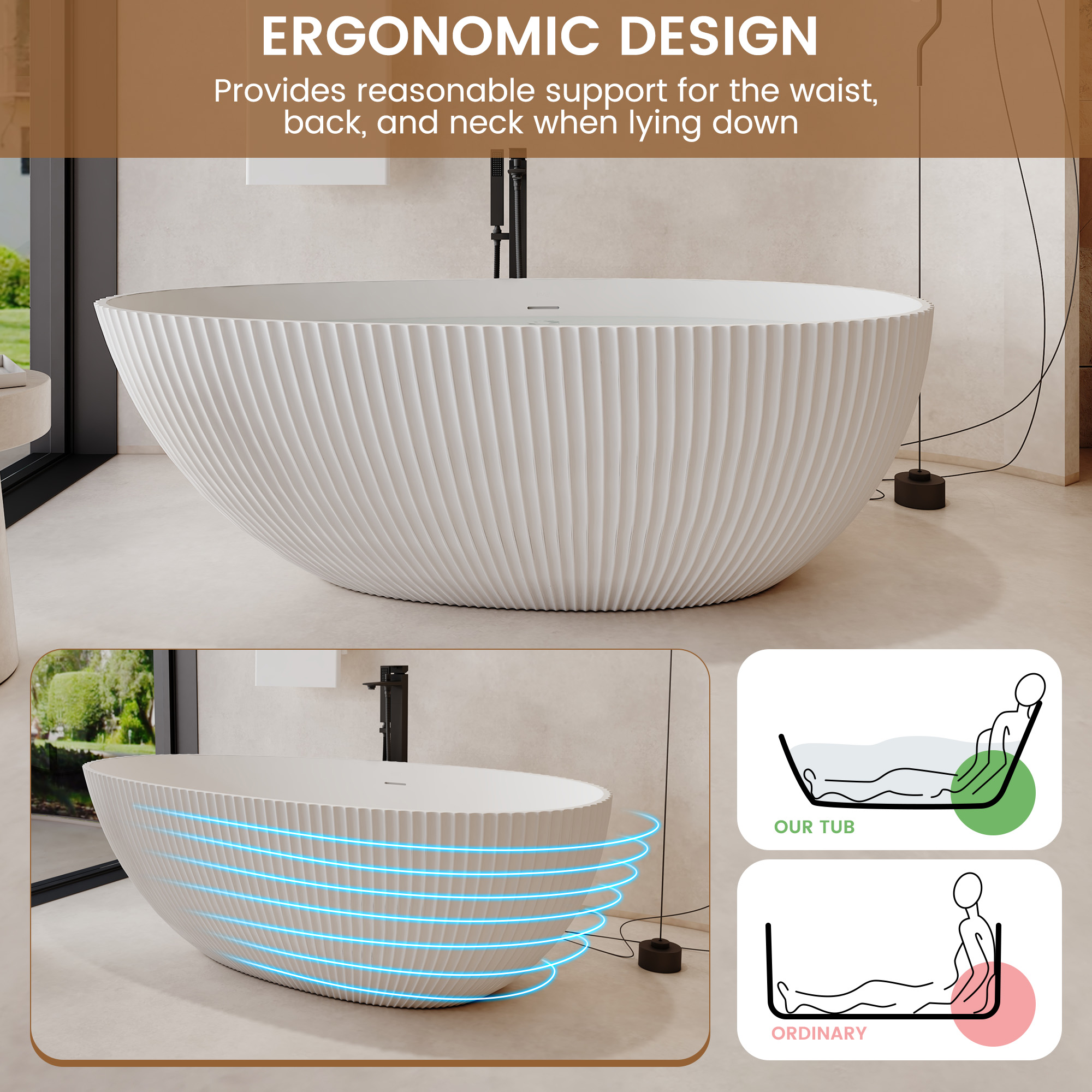67" Solid Surface Freestanding Soaking Bathtub with Ribbed Textured Design