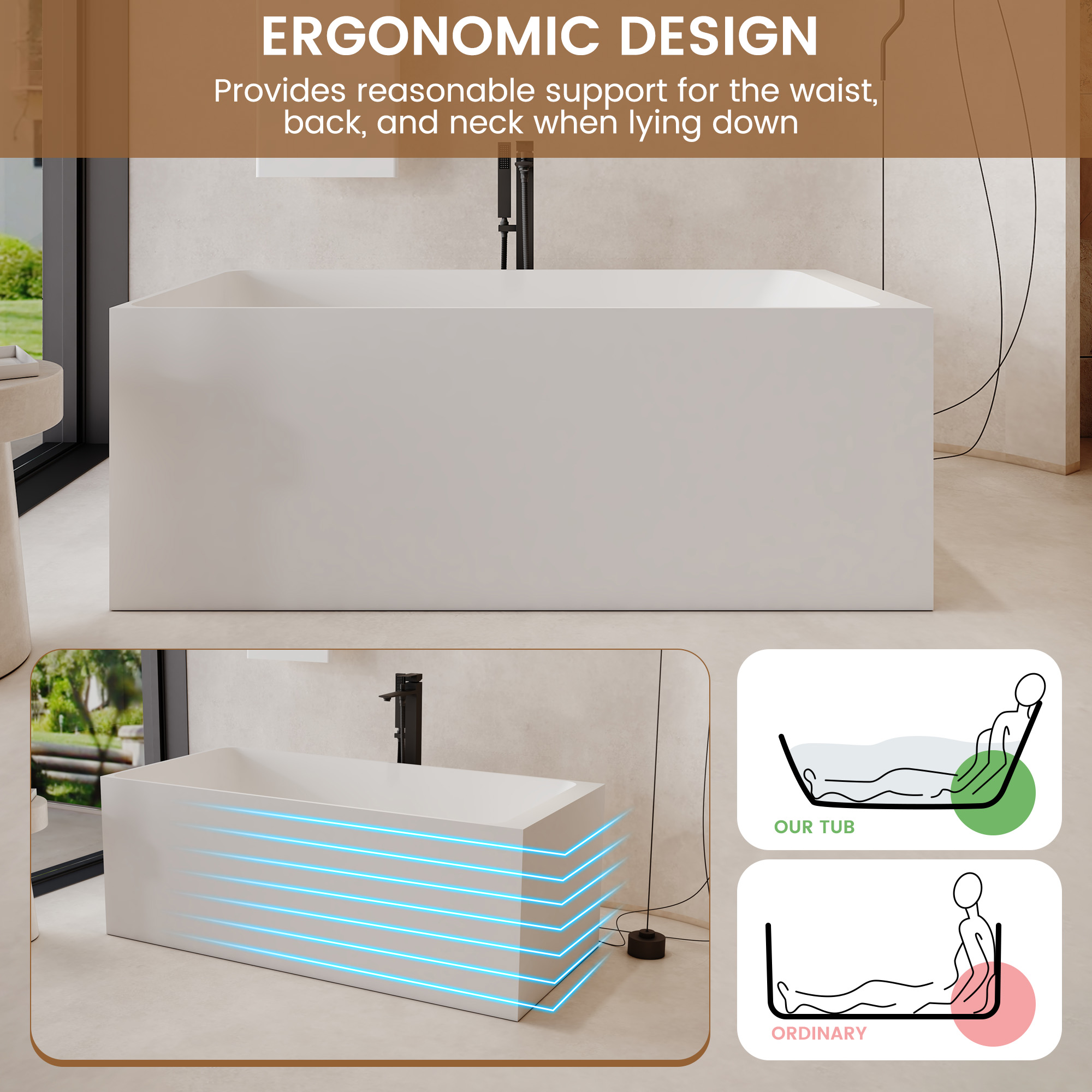 59" Rectangular Solid Surface Freestanding Bathtub with Sloped Backrest