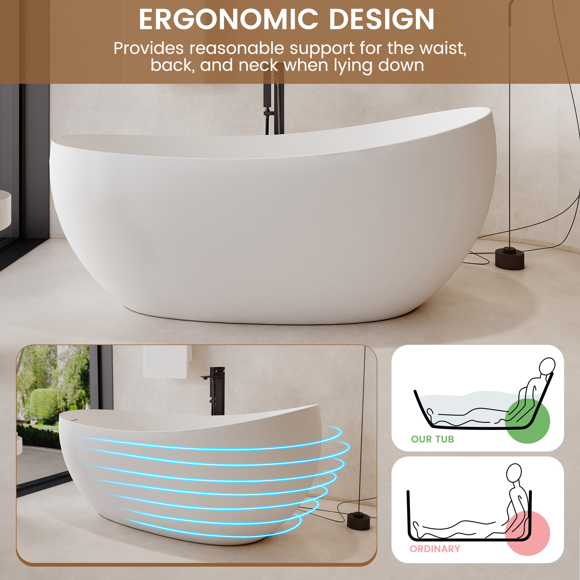 63" Solid Surface Freestanding Soaking Bathtub with High Backrest