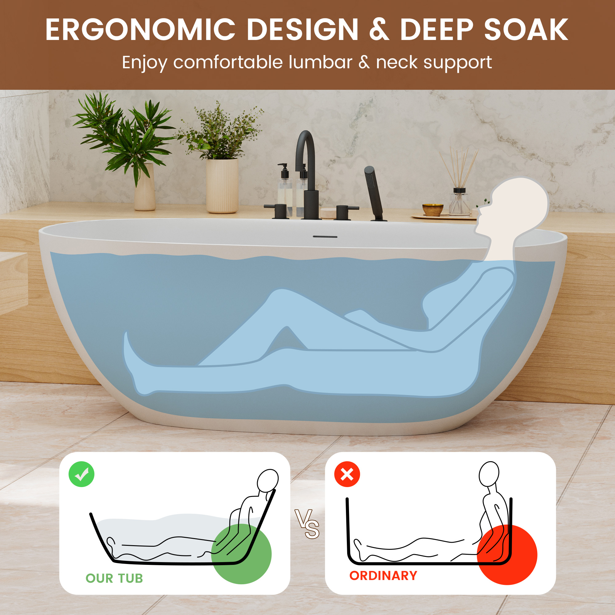 71" Oval Solid Surface Freestanding Soaking Bathtub in Matte White