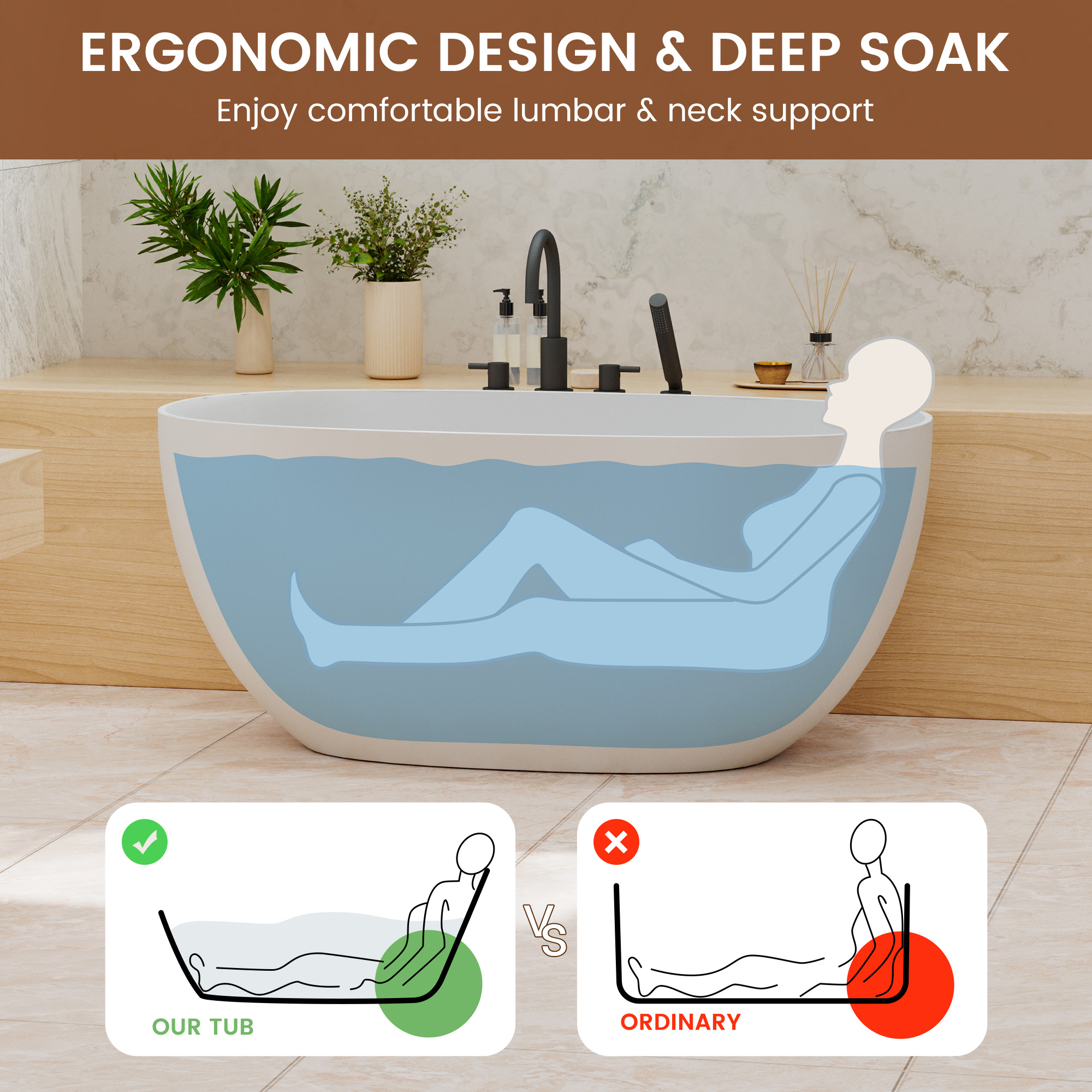 55" Freestanding Solid Surface Soaking Bathtub with Left Drain