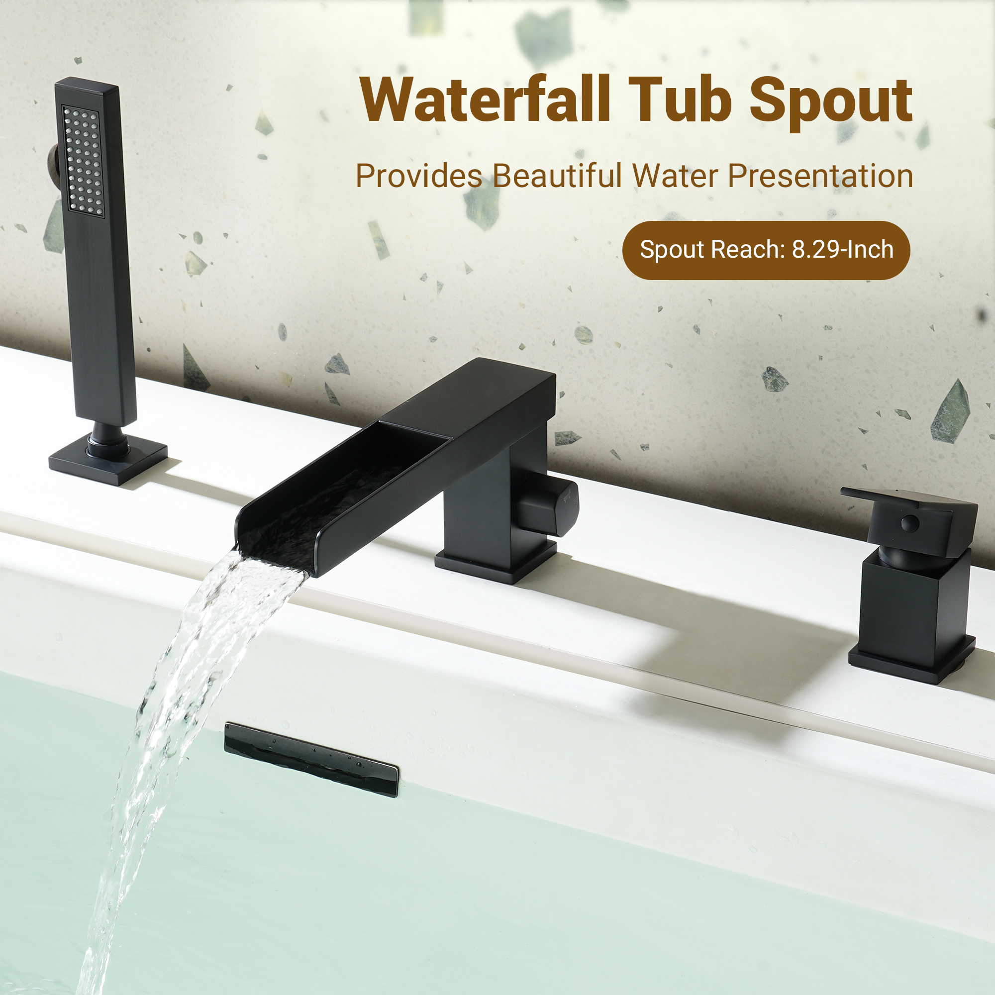 Single-Handle 3 Holes Waterfall Bathtub Filler Faucet with Hand Shower