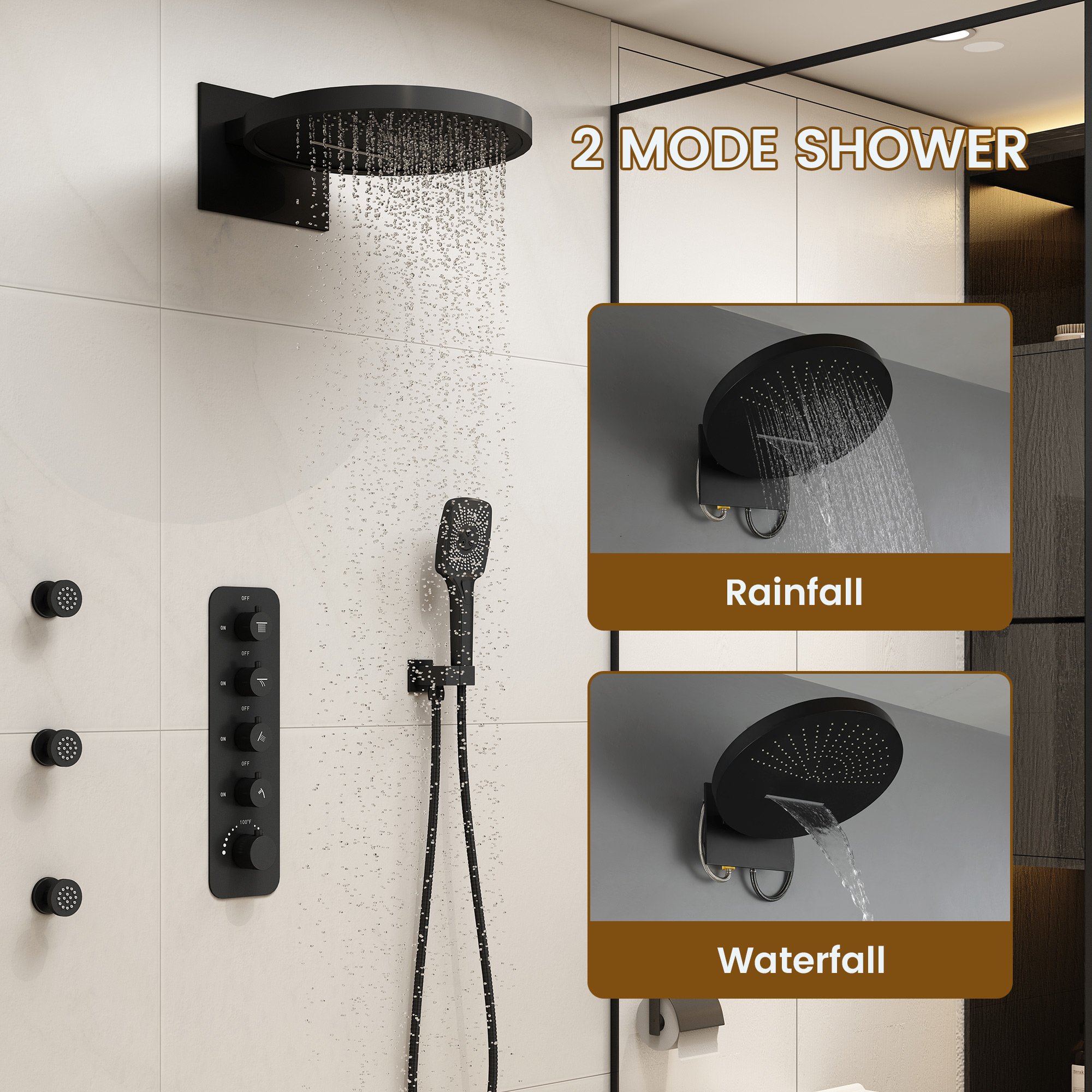 16-inch Wall-Mounted 4-Function Thermostatic Shower System with 3 Body Jets