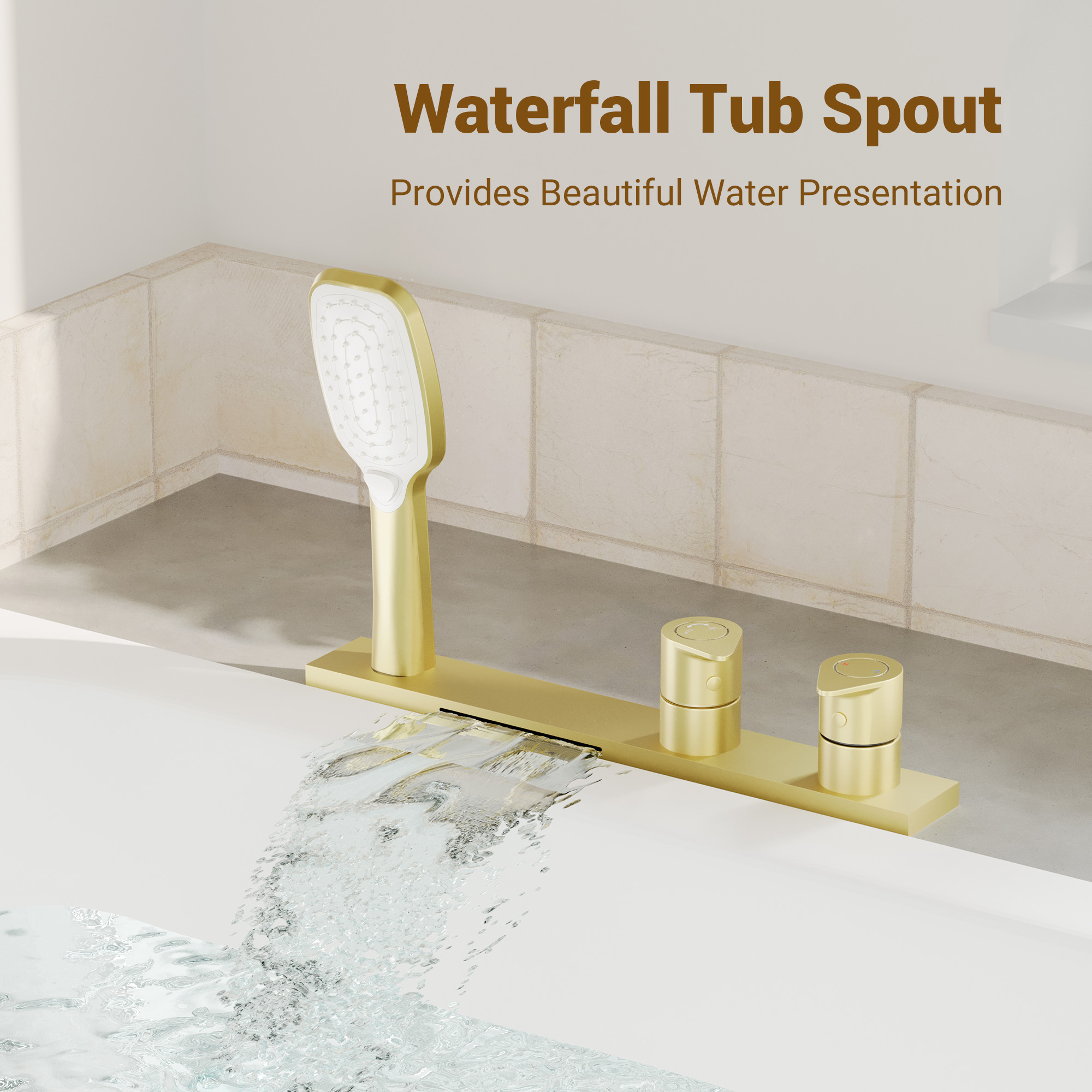 2-Handle Deck-Mounted Bathtub Faucet with 2 Spray Modes Hand Shower