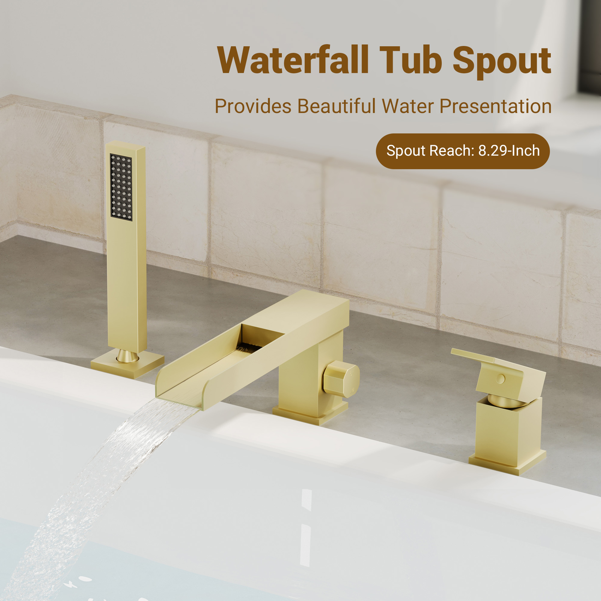 Single-Handle 3 Holes Waterfall Bathtub Filler Faucet with Hand Shower