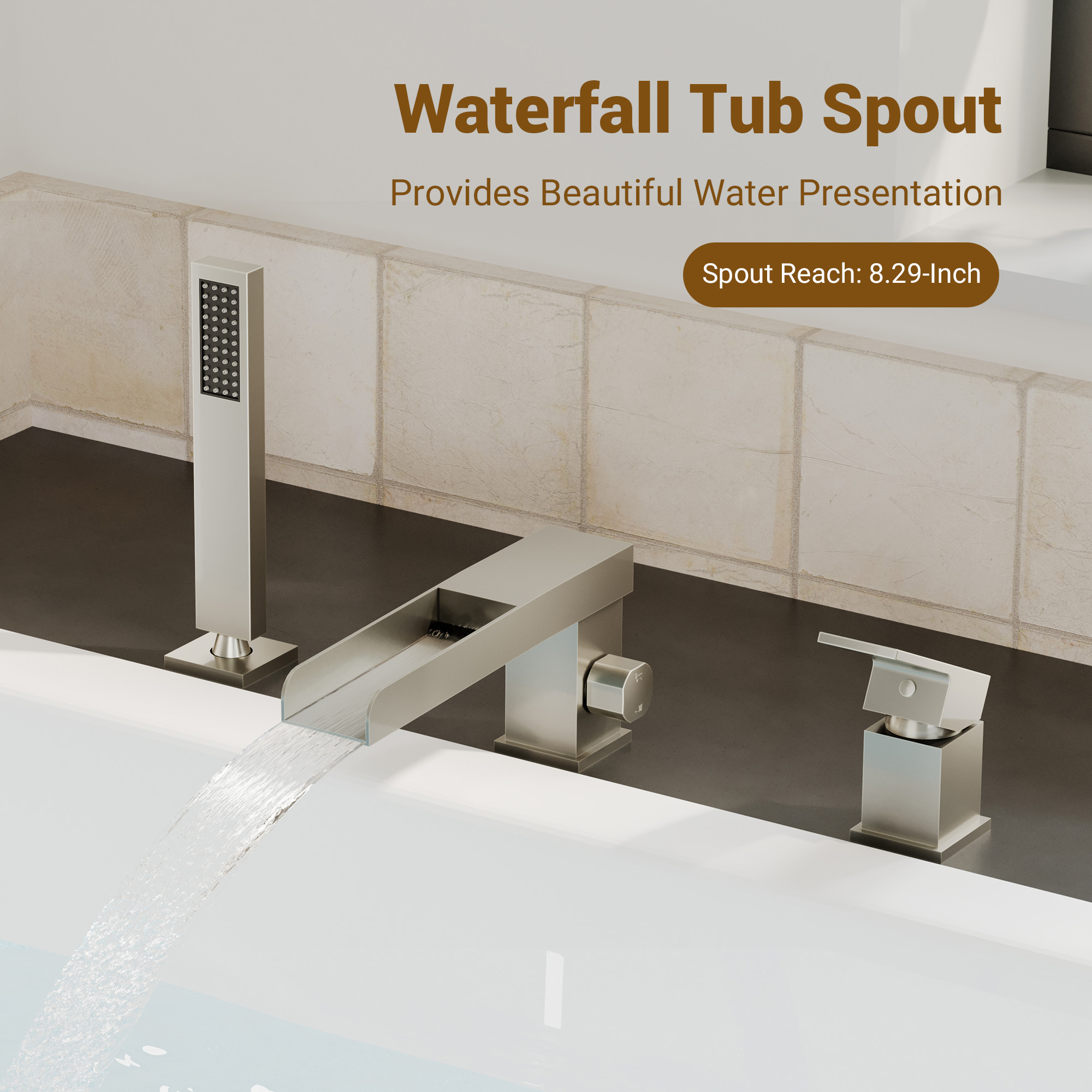Single-Handle 3 Holes Waterfall Bathtub Filler Faucet with Hand Shower