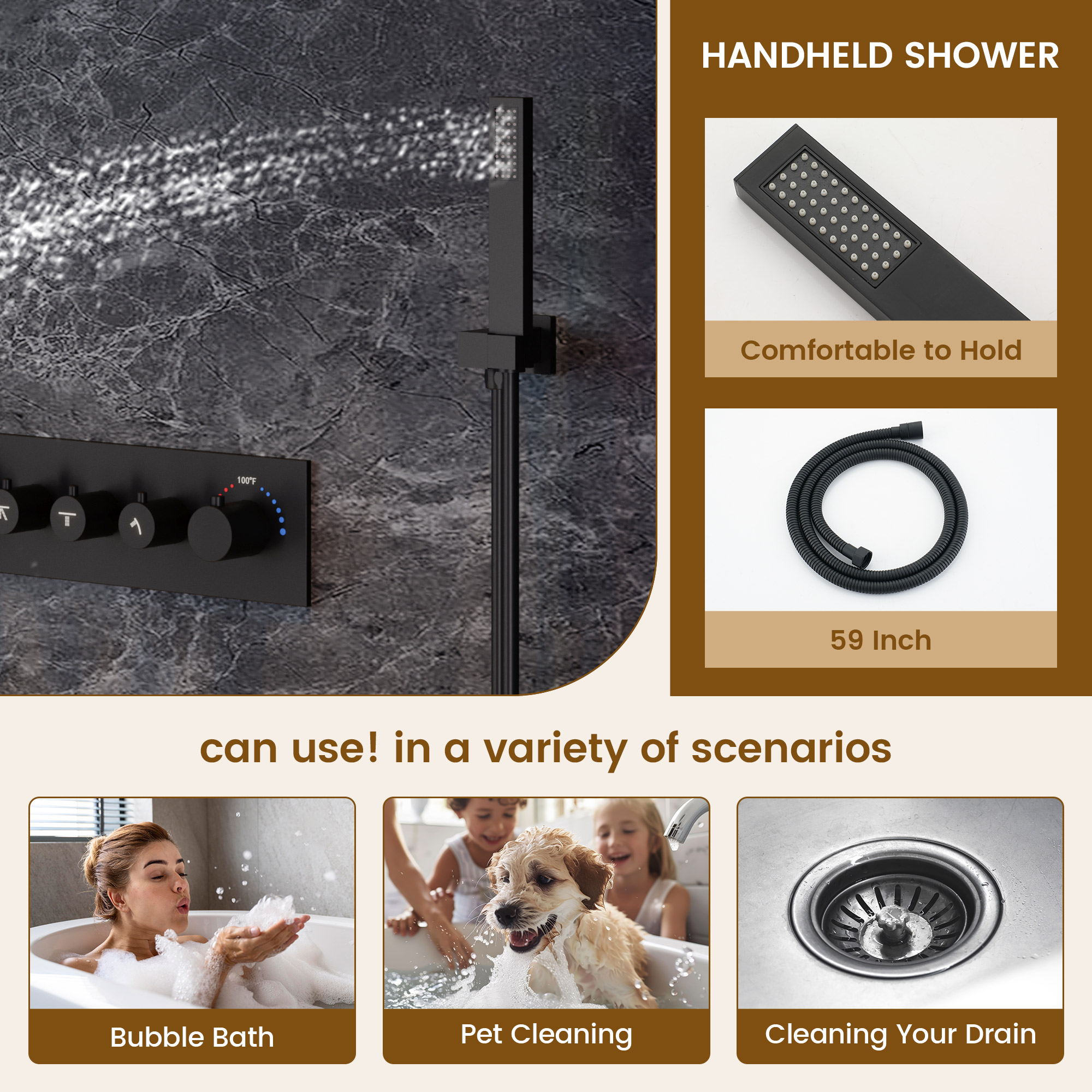 28*15 inch 4-Function Thermostatic Shower System with LED Lights & Bluetooth