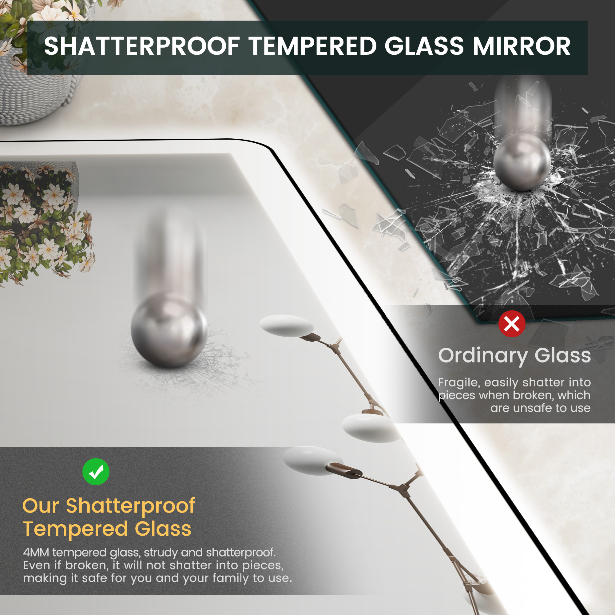 Anti-Fog LED Bathroom Mirror with Aluminum Frame