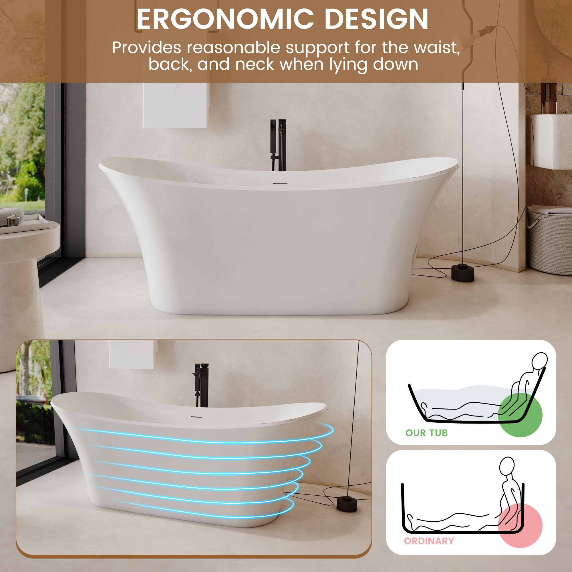 69" Freestanding Solid Surface Bathtub with Dual Sloped Headrests