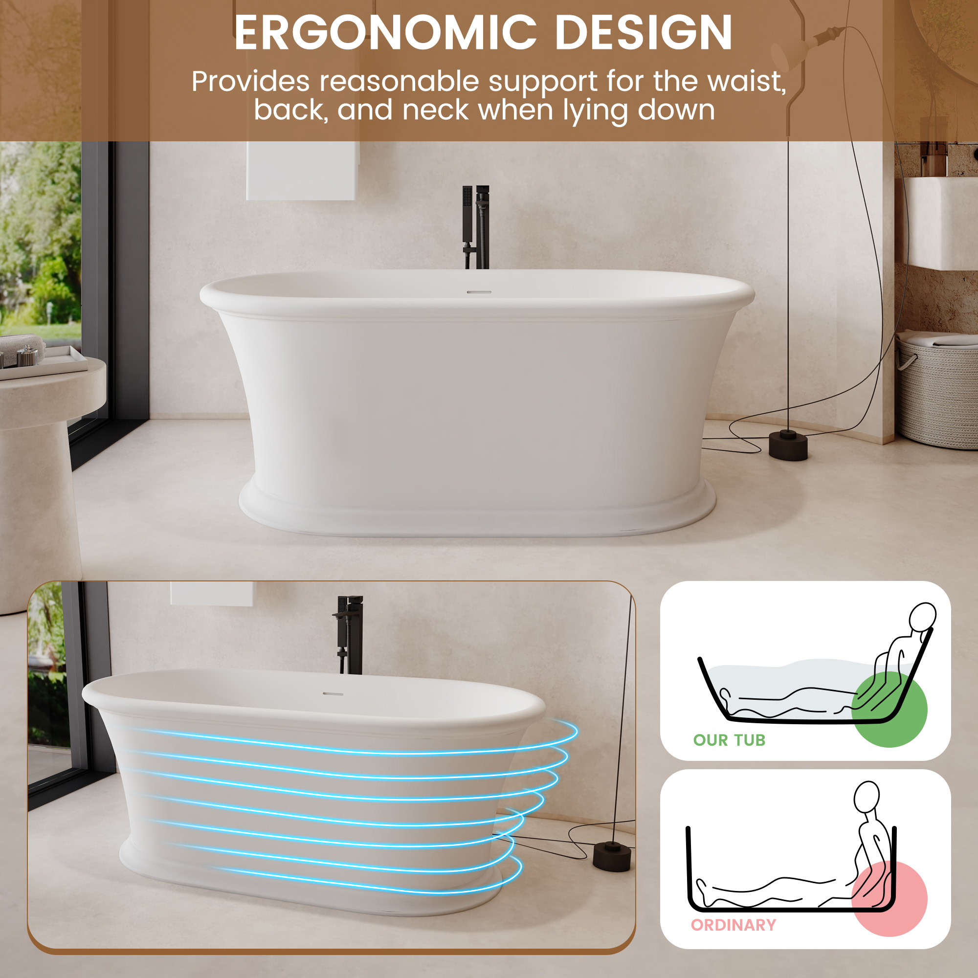 61" Hand-Polished Matte White Freestanding Bathtub with Pedestal Base