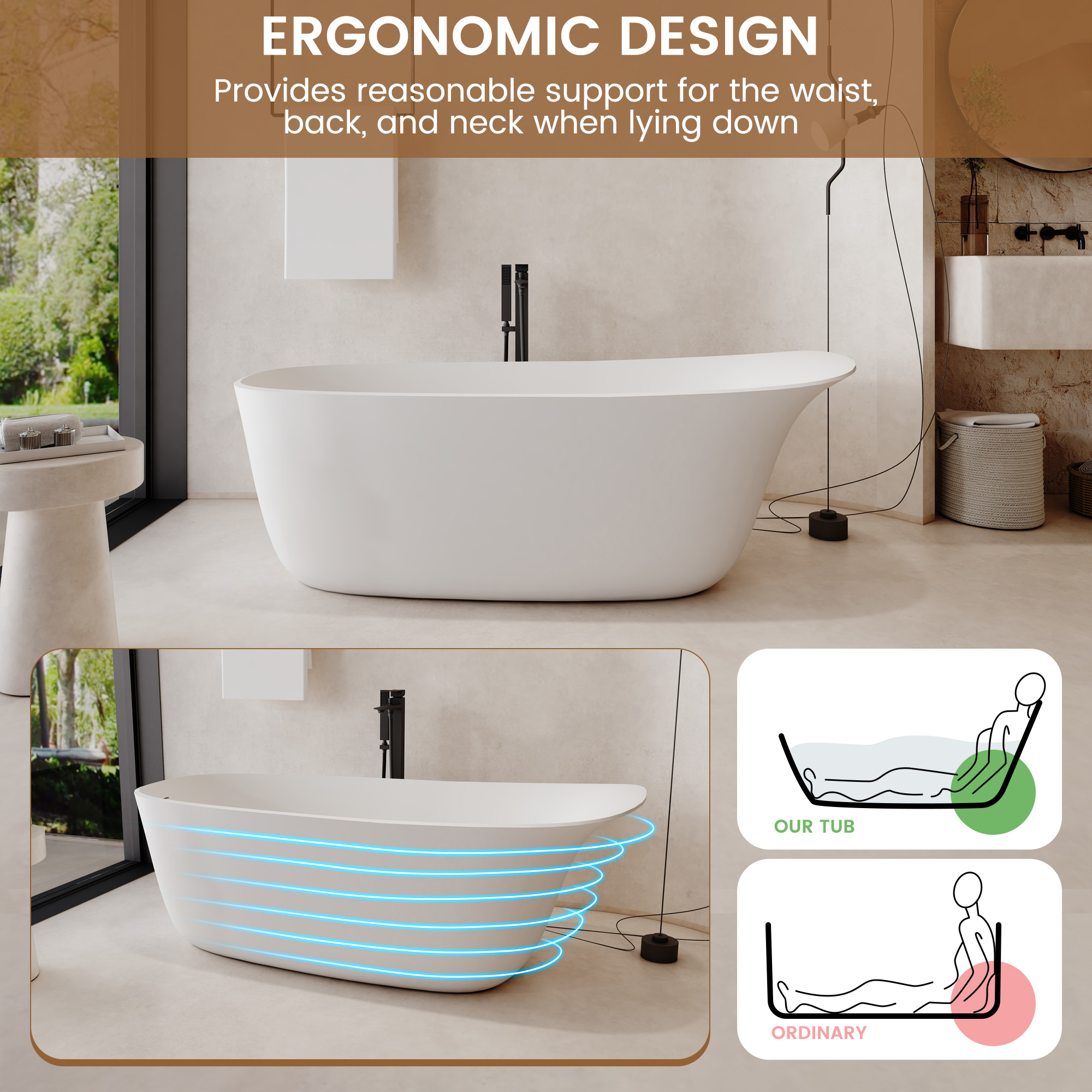 63" Solid Surface Freestanding Soaking Tub with Unique Cap Design