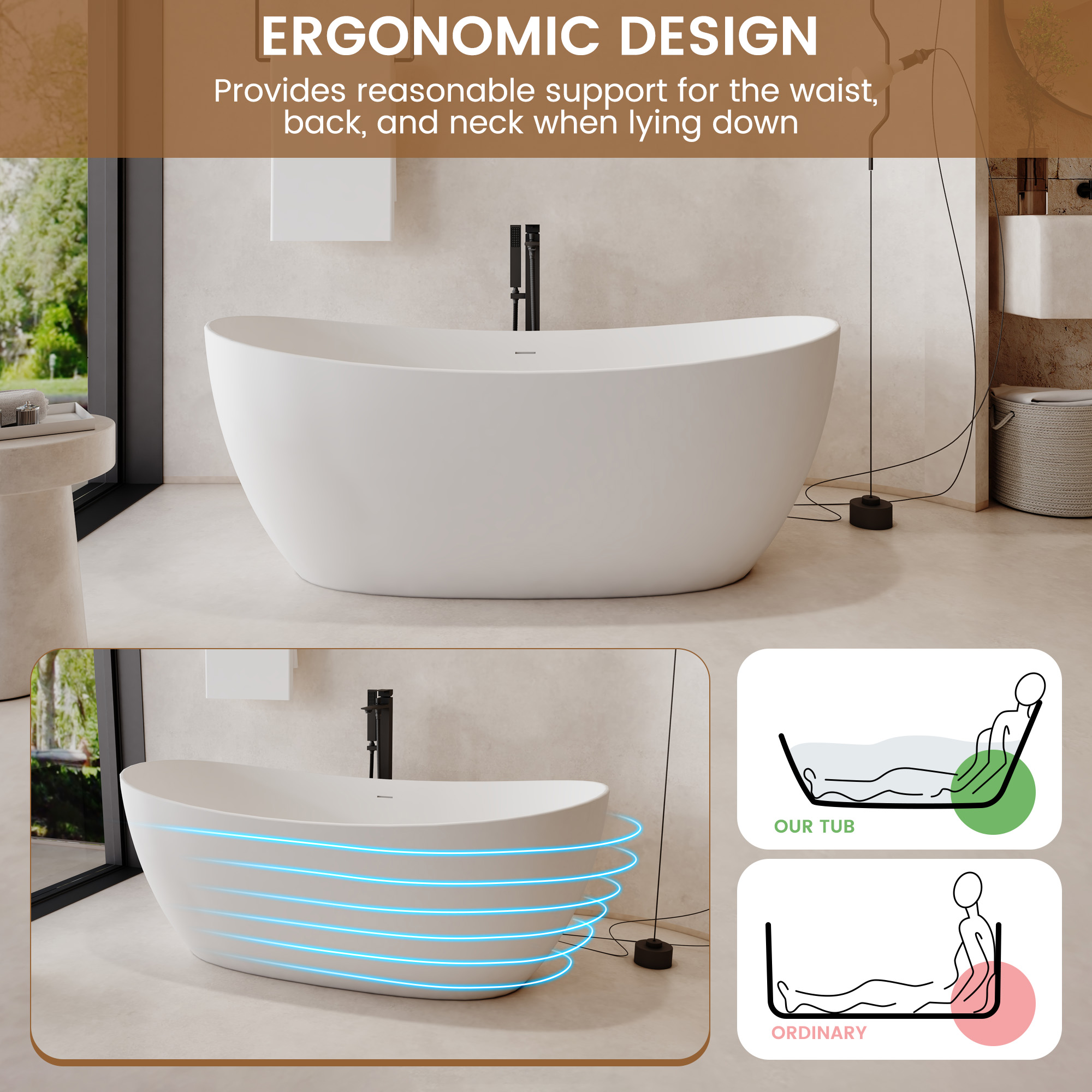 63" Freestanding Solid Surface Stone Bathtub with Symmetrical Moon Design