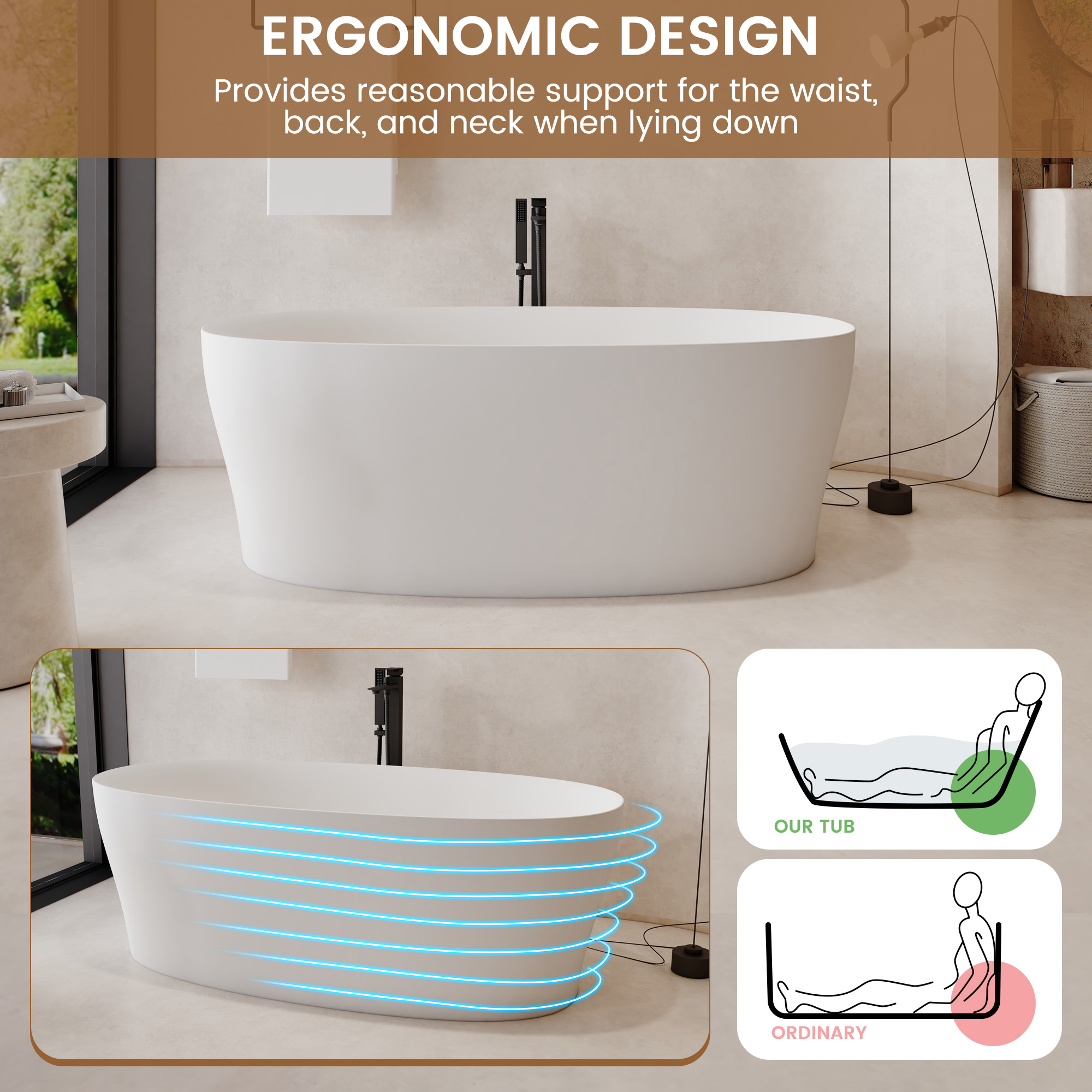 63" Solid Surface Freestanding Bathtub with Thickened Edge in Matte White