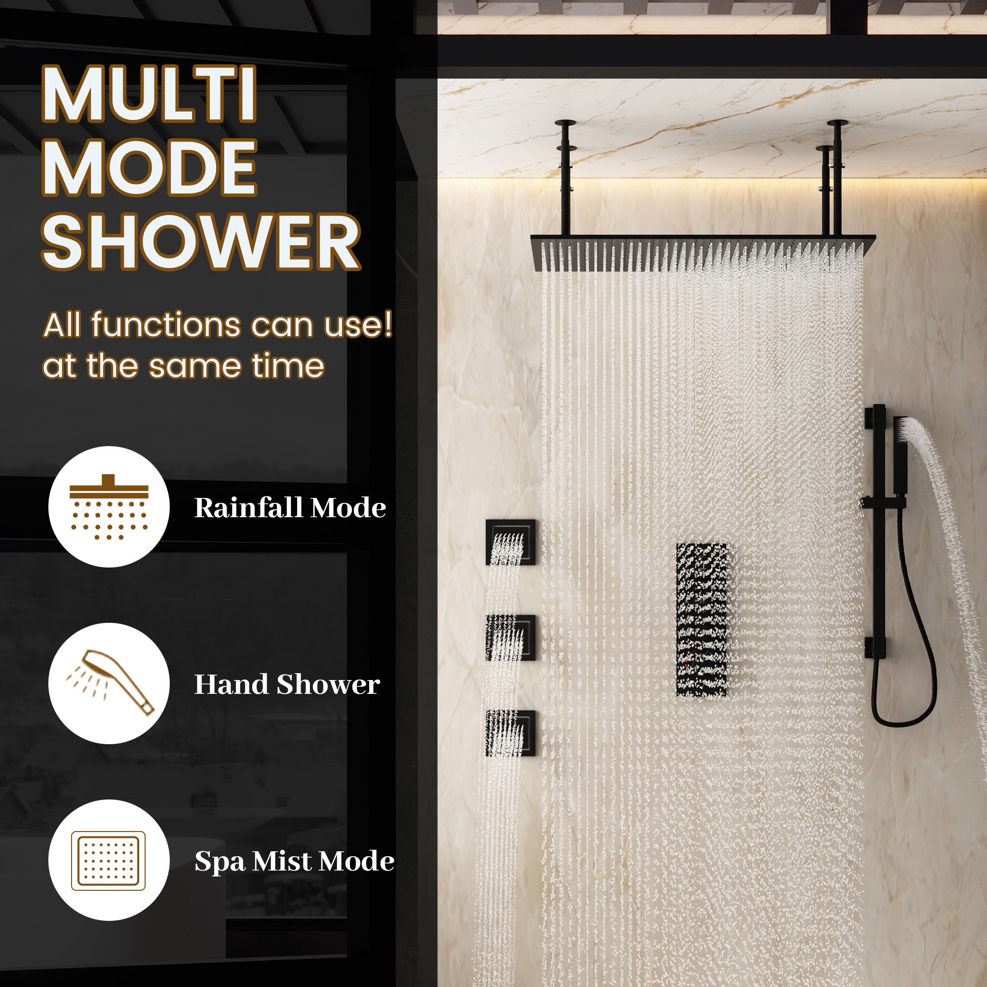 32" x 16" 3-Function Thermostatic Shower System with Body Jets