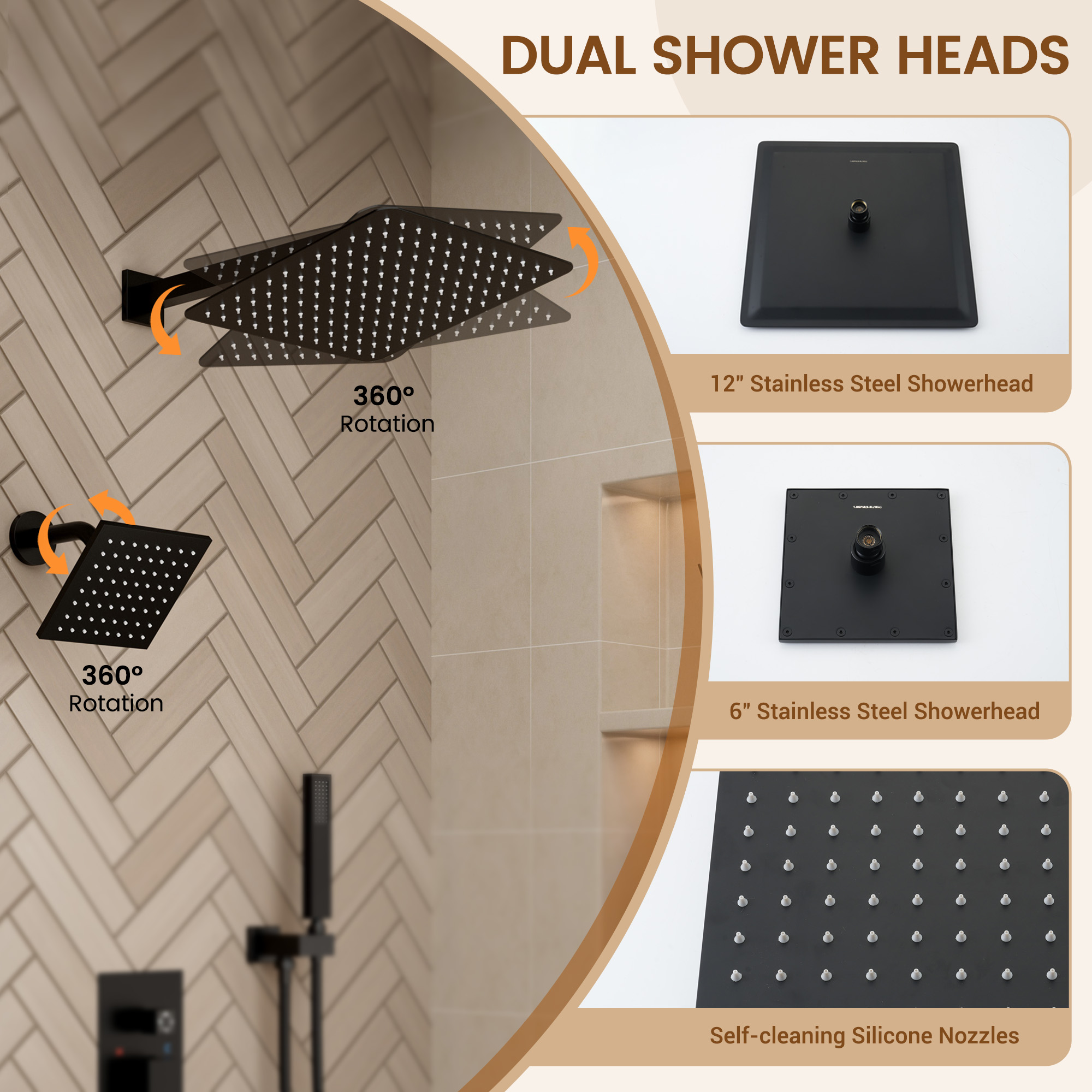 12-inch 4-Function Dual Shower Head System with Tub Spout
