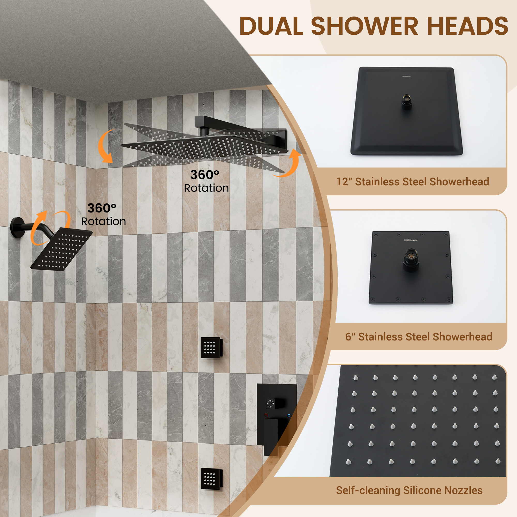 12-inch Wall-Mounted 4-Function Dual Shower System with Body Jets