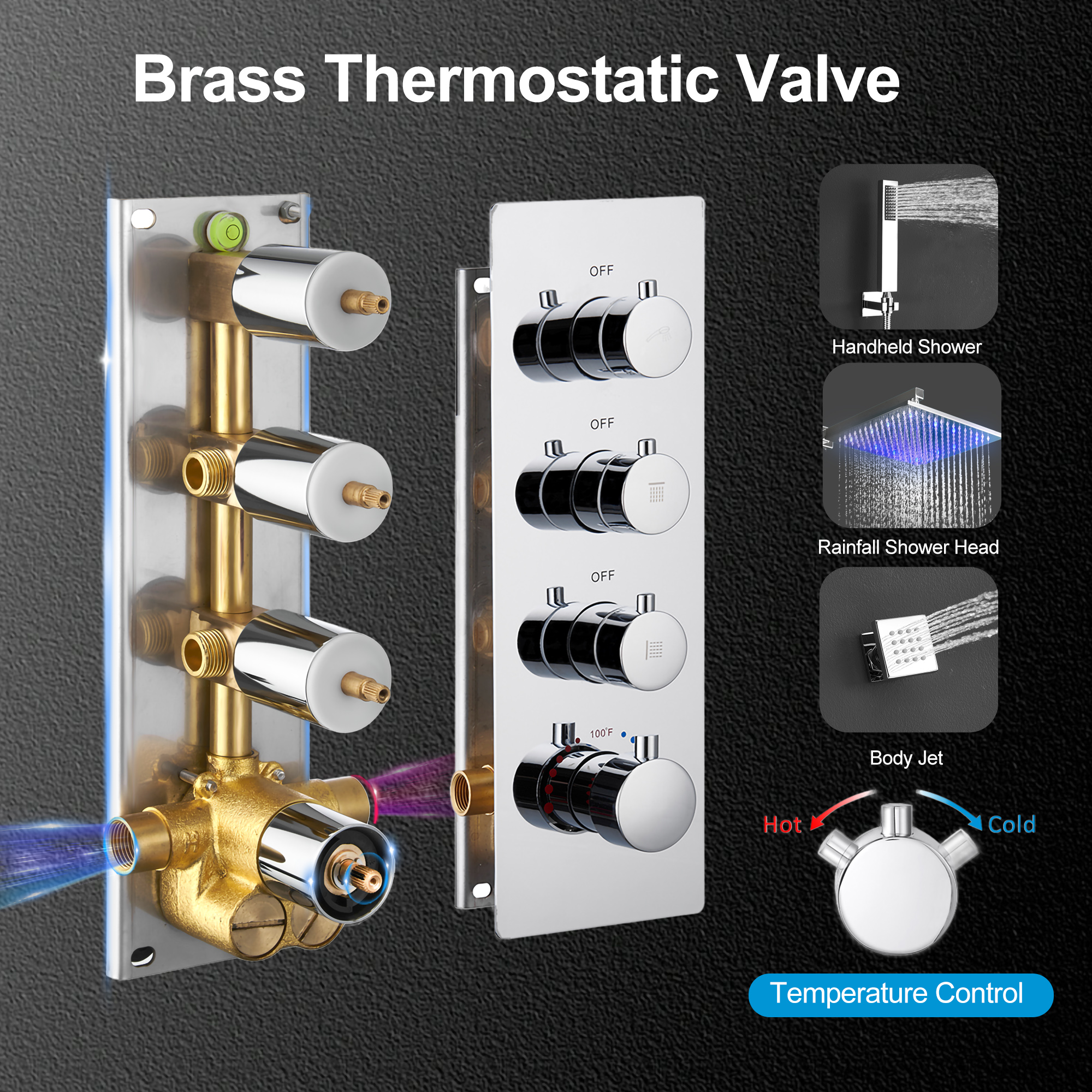 12" Thermostatic LED Shower System Wall-Mount Rain Showerhead with 6 Body Jets