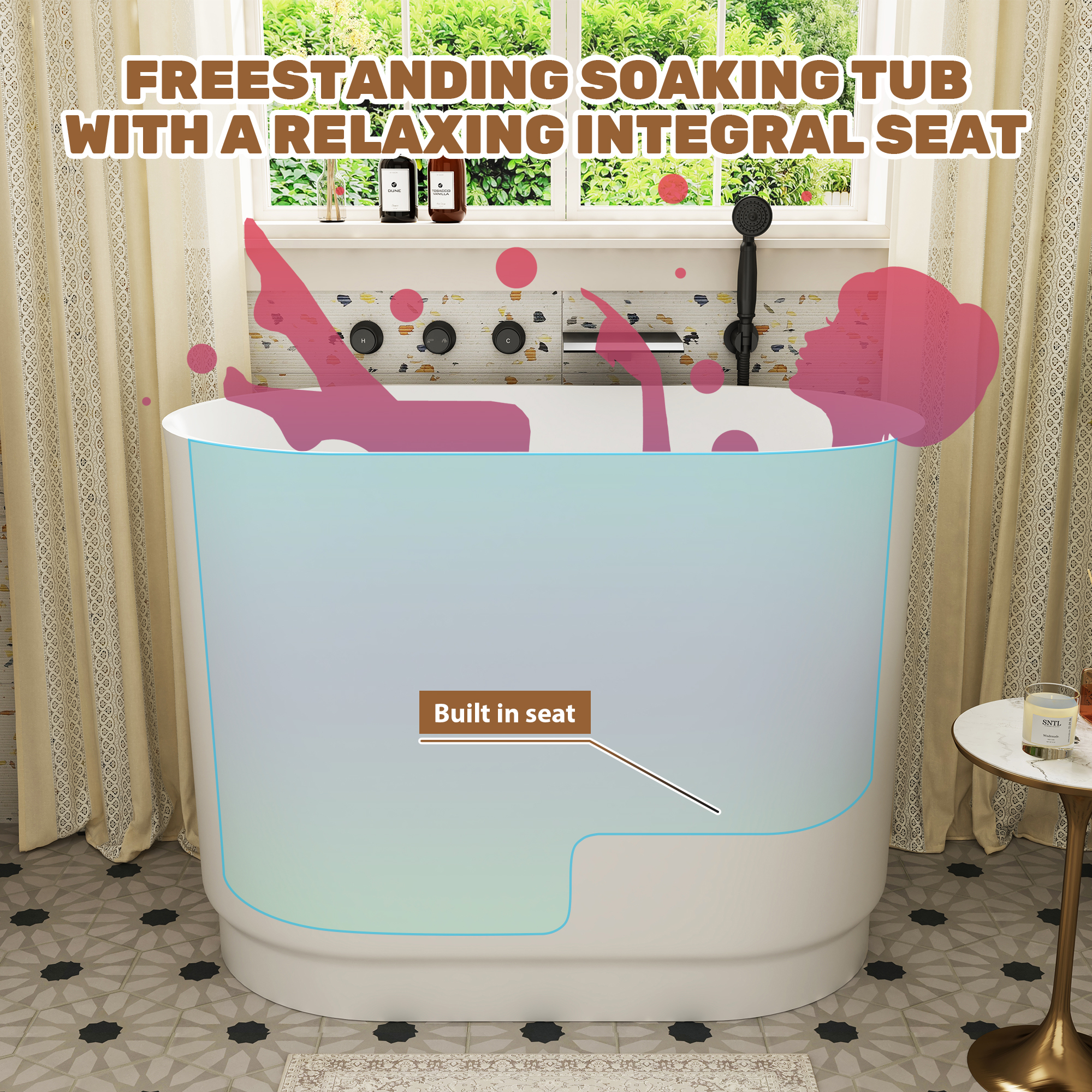 39" Small Freestanding Oval Solid Surface Soaking Bathtub with Built-In Seat - Tangent