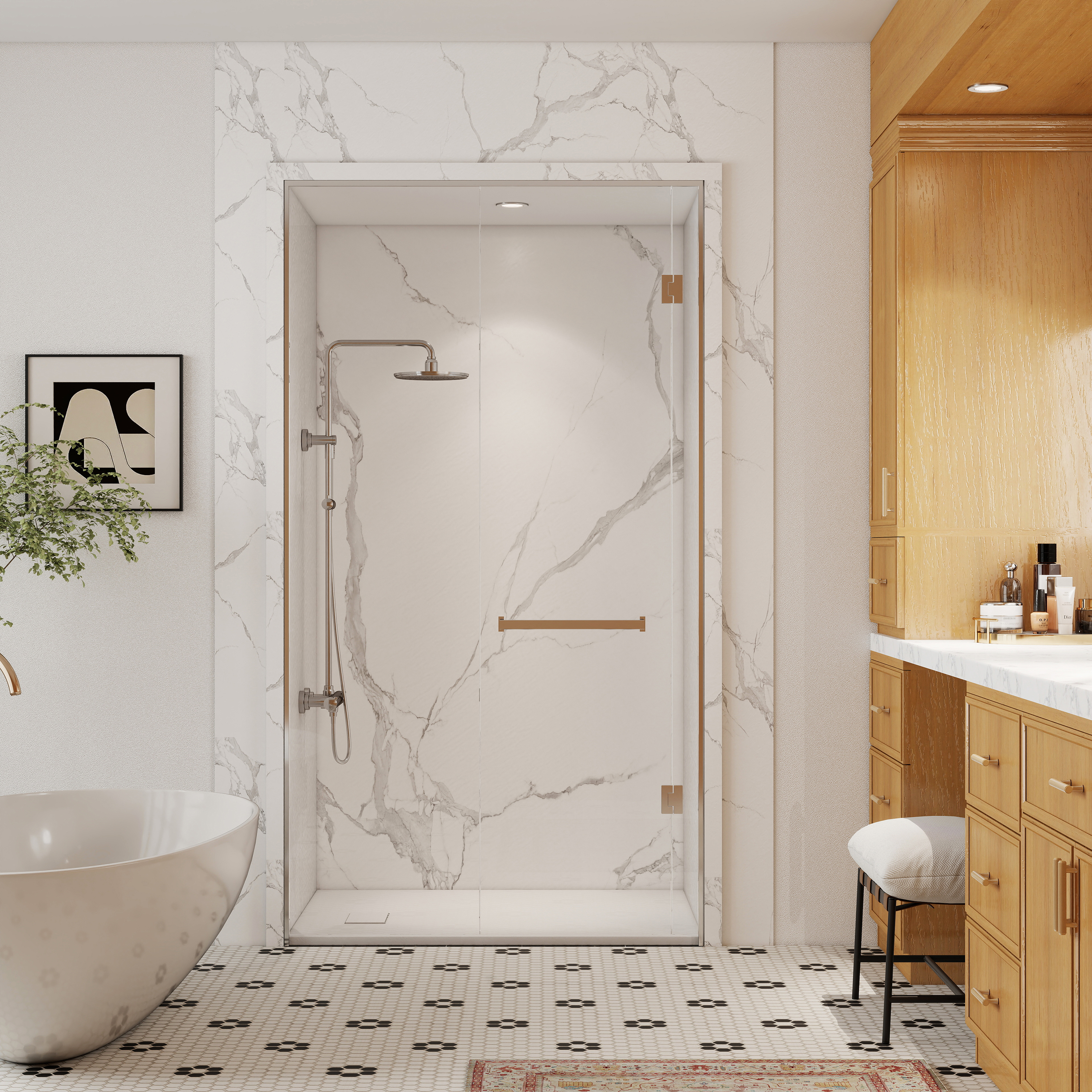 European-Style SMC Shower Base with Sleek Marble Texture in Black & White