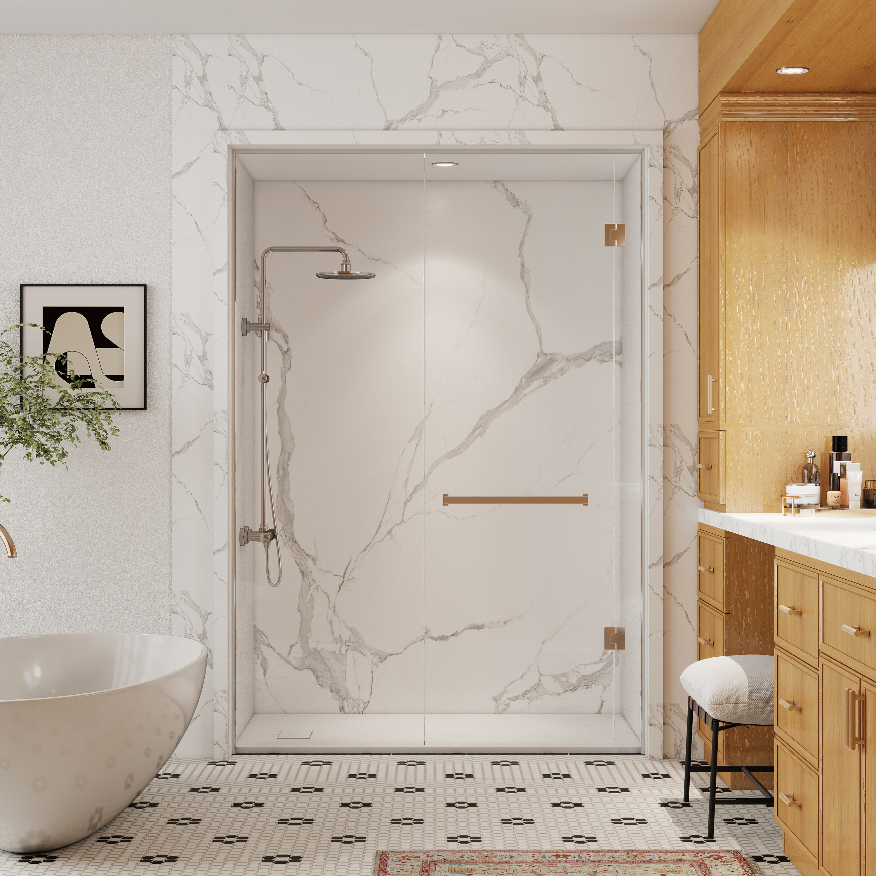 European-Style SMC Shower Base with Sleek Marble Texture in Black & White