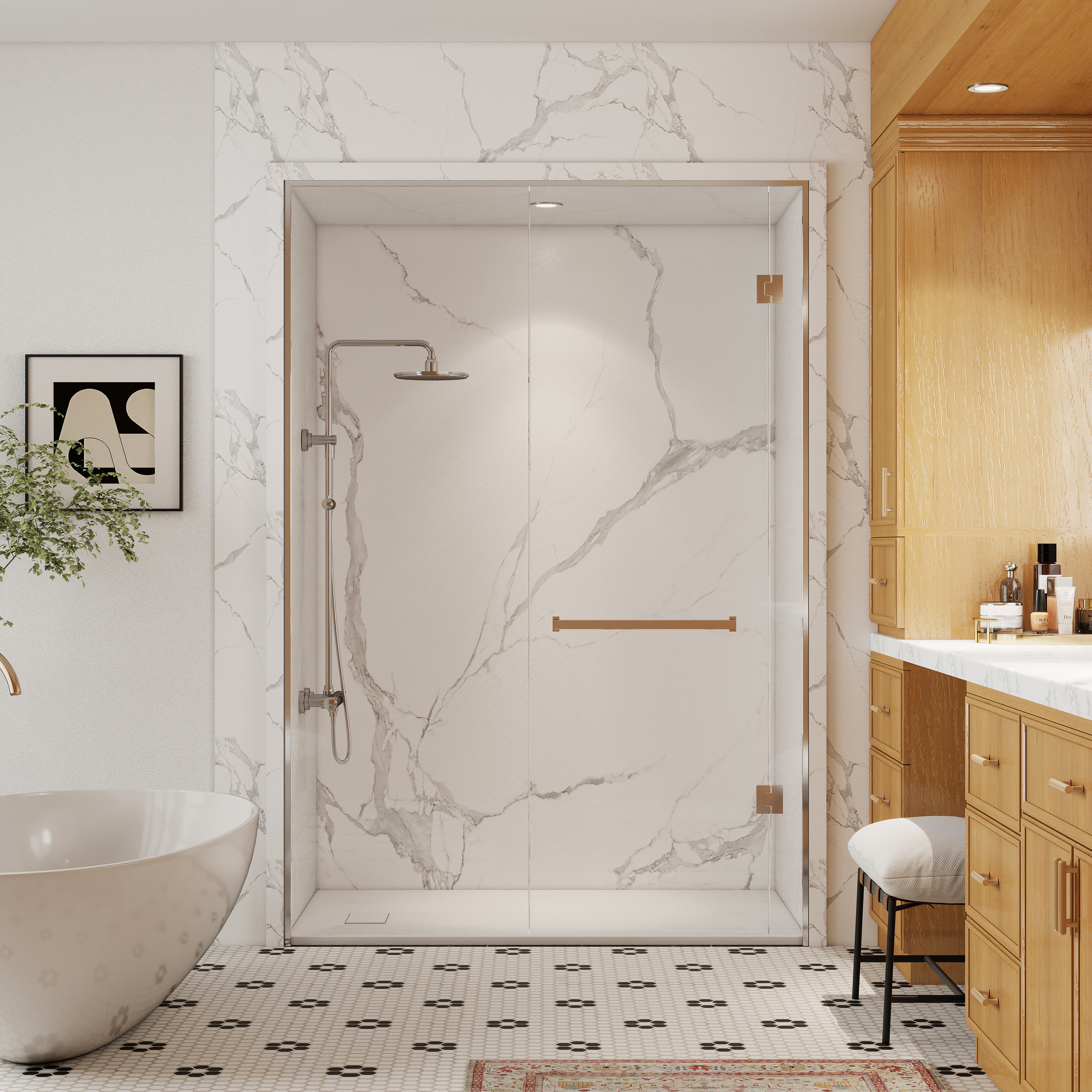 European-Style SMC Shower Base with Sleek Marble Texture in Black & White