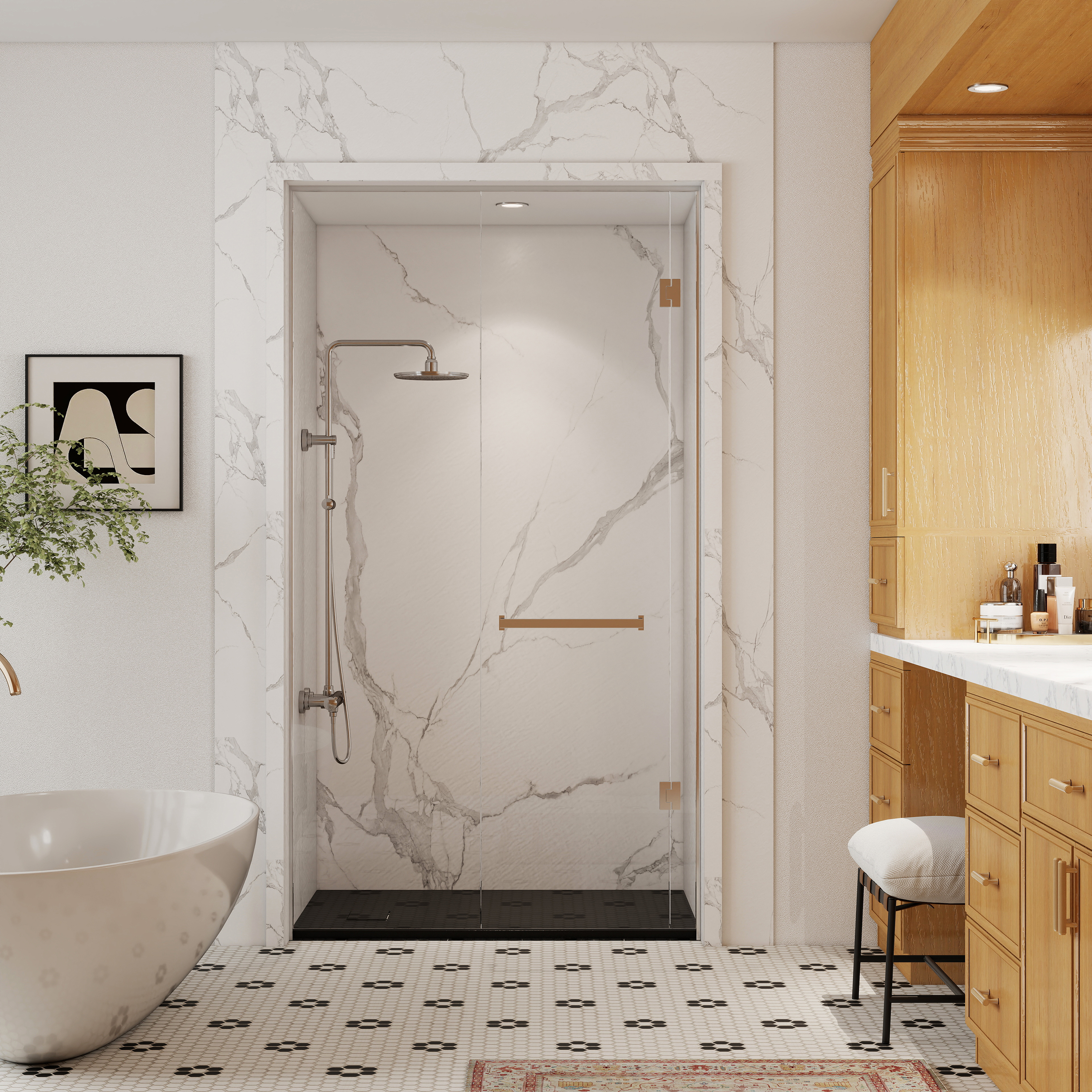 European-Style SMC Shower Base with Sleek Marble Texture in Black & White