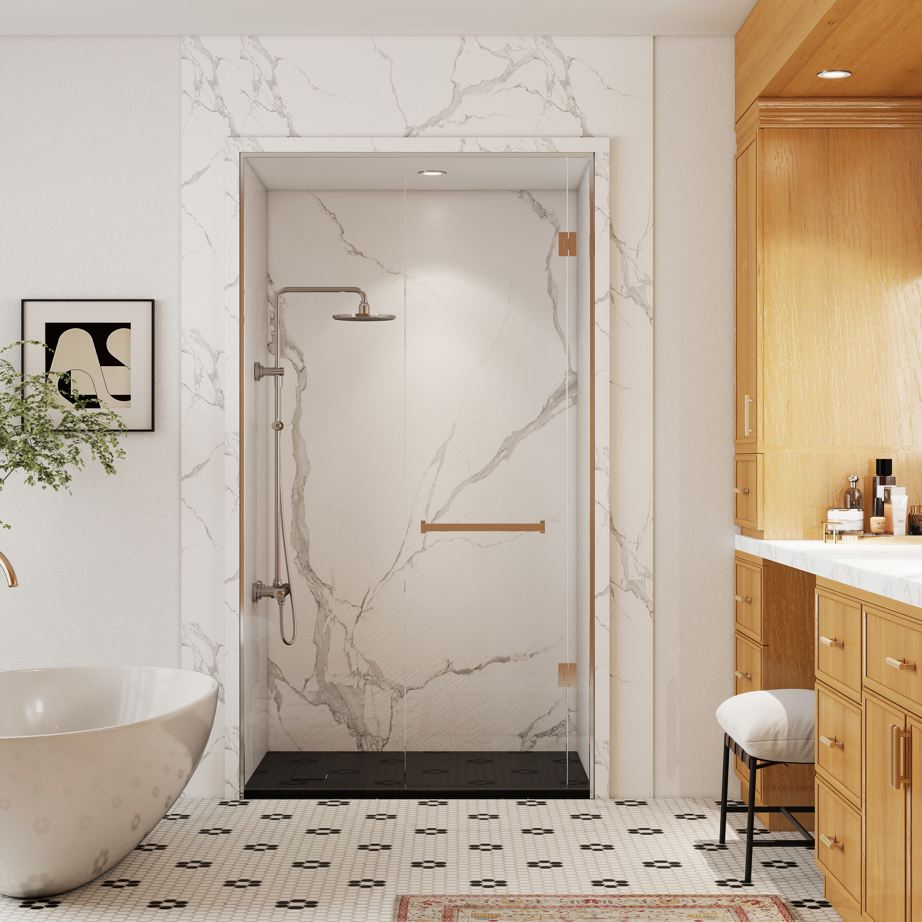 European-Style SMC Shower Base with Sleek Marble Texture in Black & White