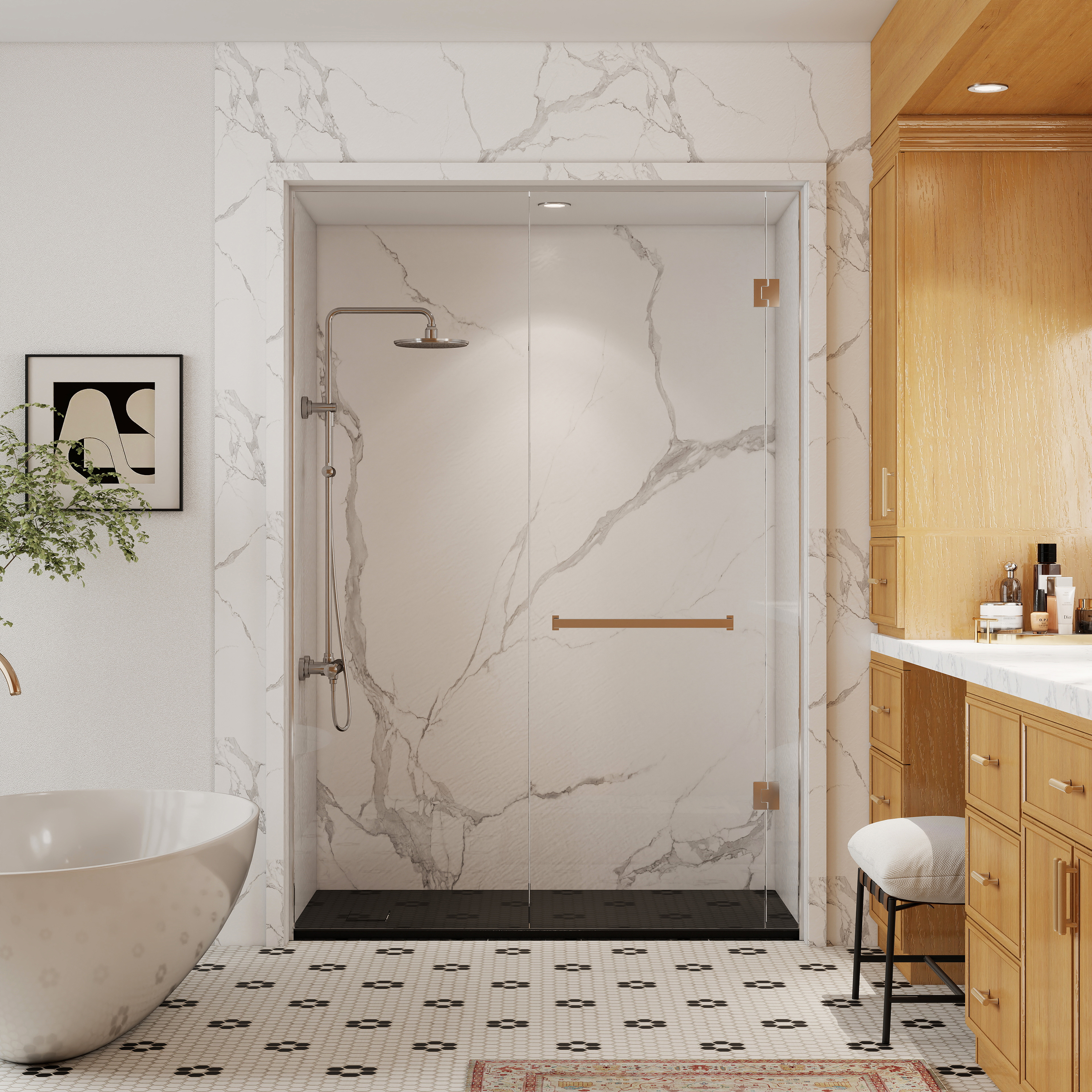 European-Style SMC Shower Base with Sleek Marble Texture in Black & White