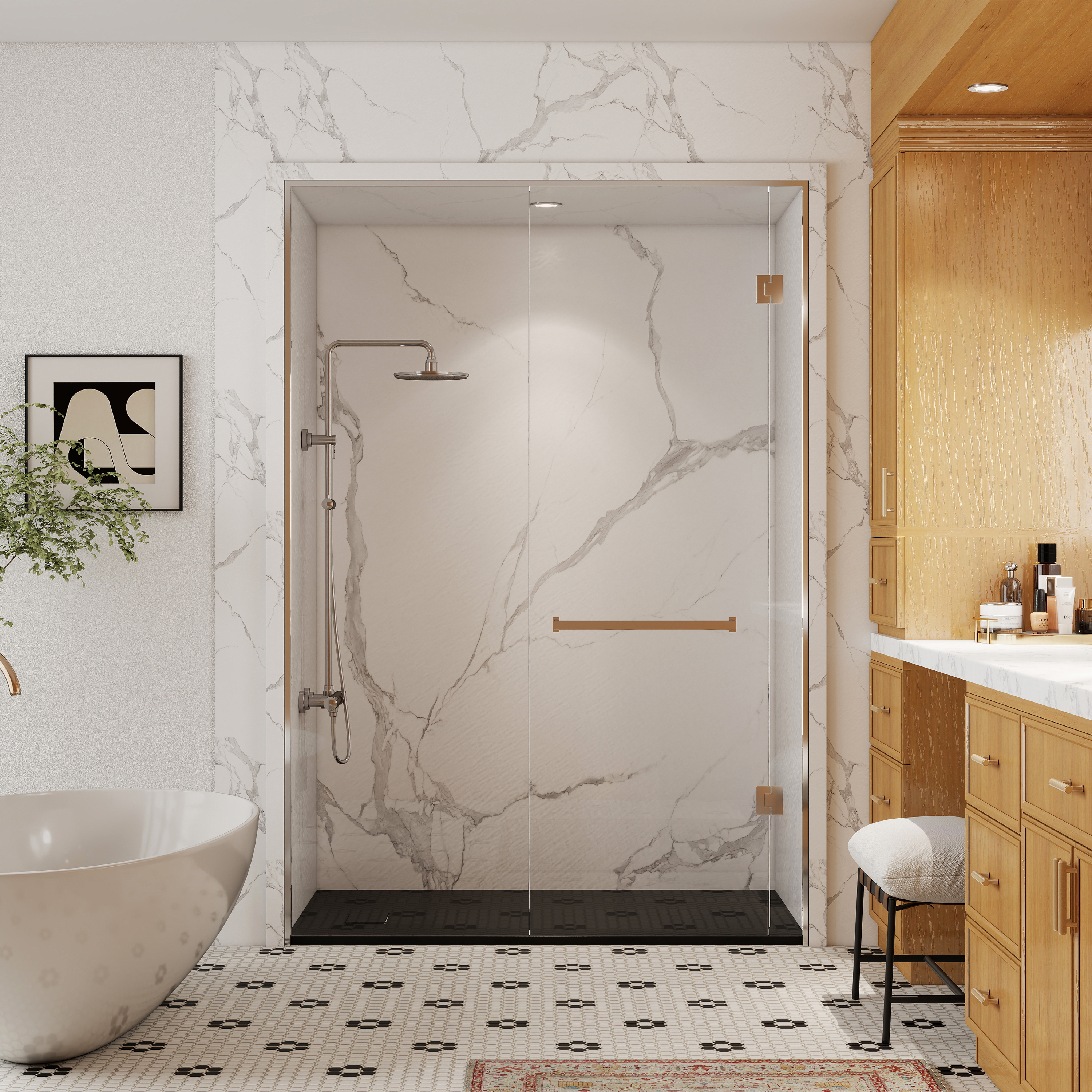 European-Style SMC Shower Base with Sleek Marble Texture in Black & White