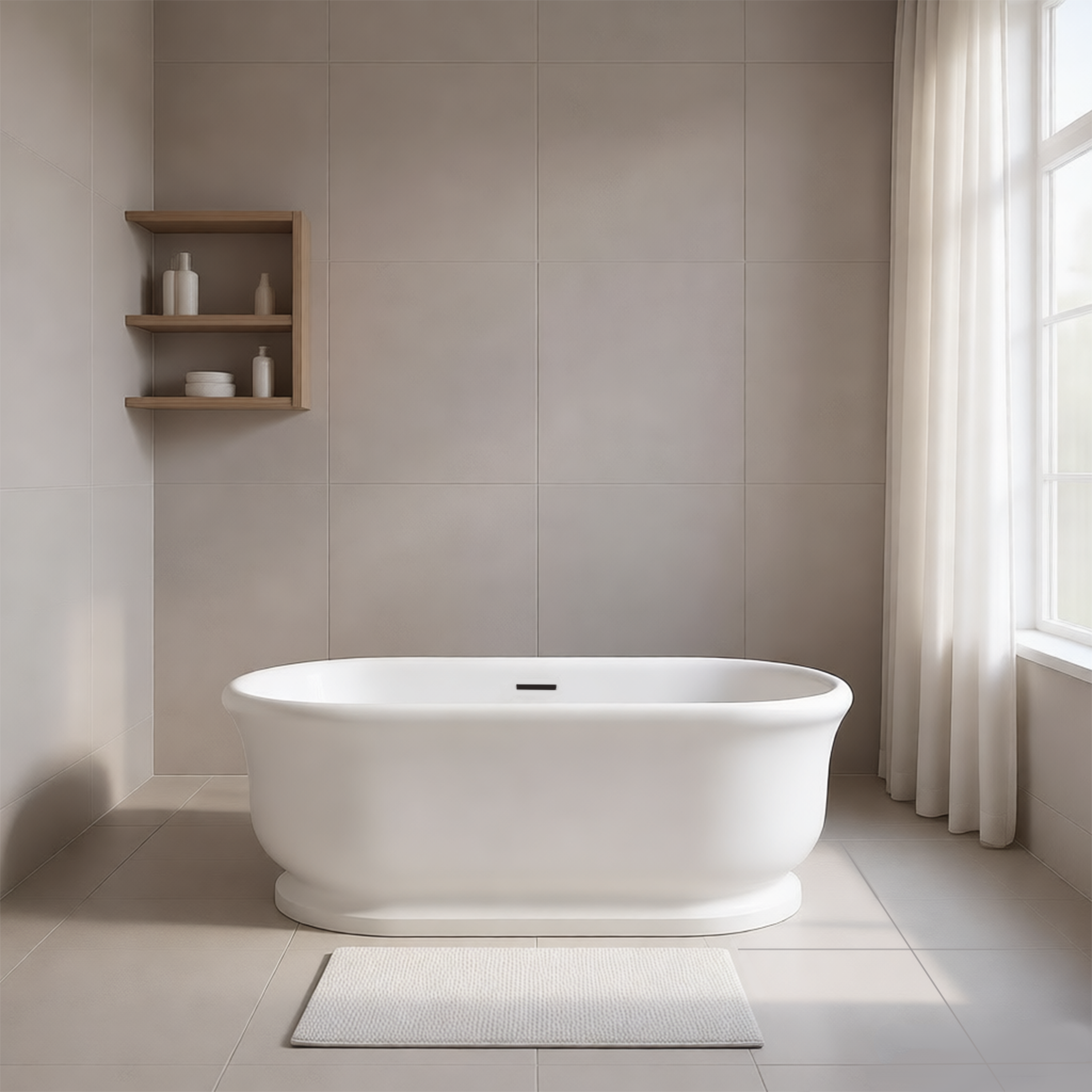 67" Rolled-Edge Solid Surface Freestanding Bathtub with Pedestal Base