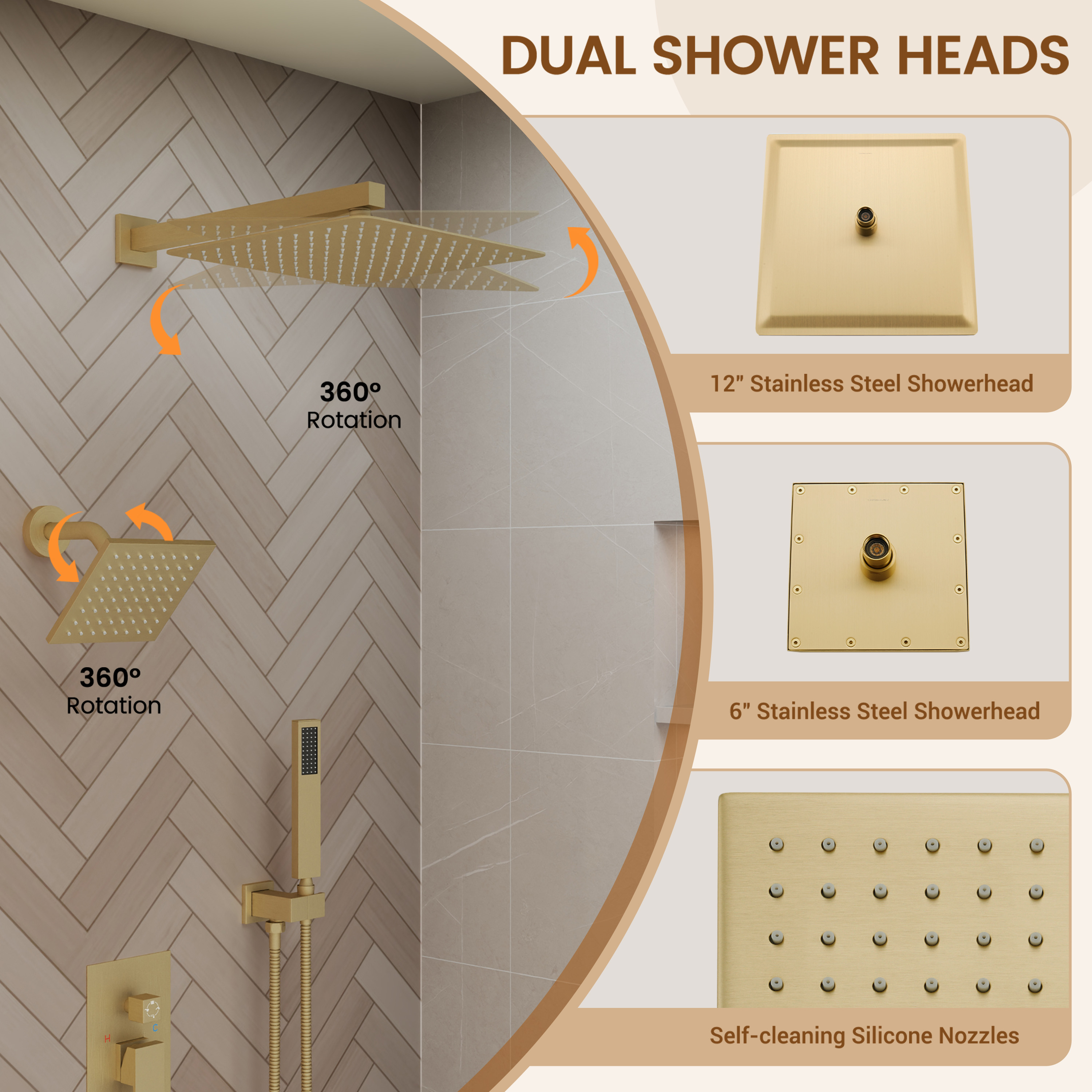 12" 4-Function Dual Shower Head System with Tub Spout
