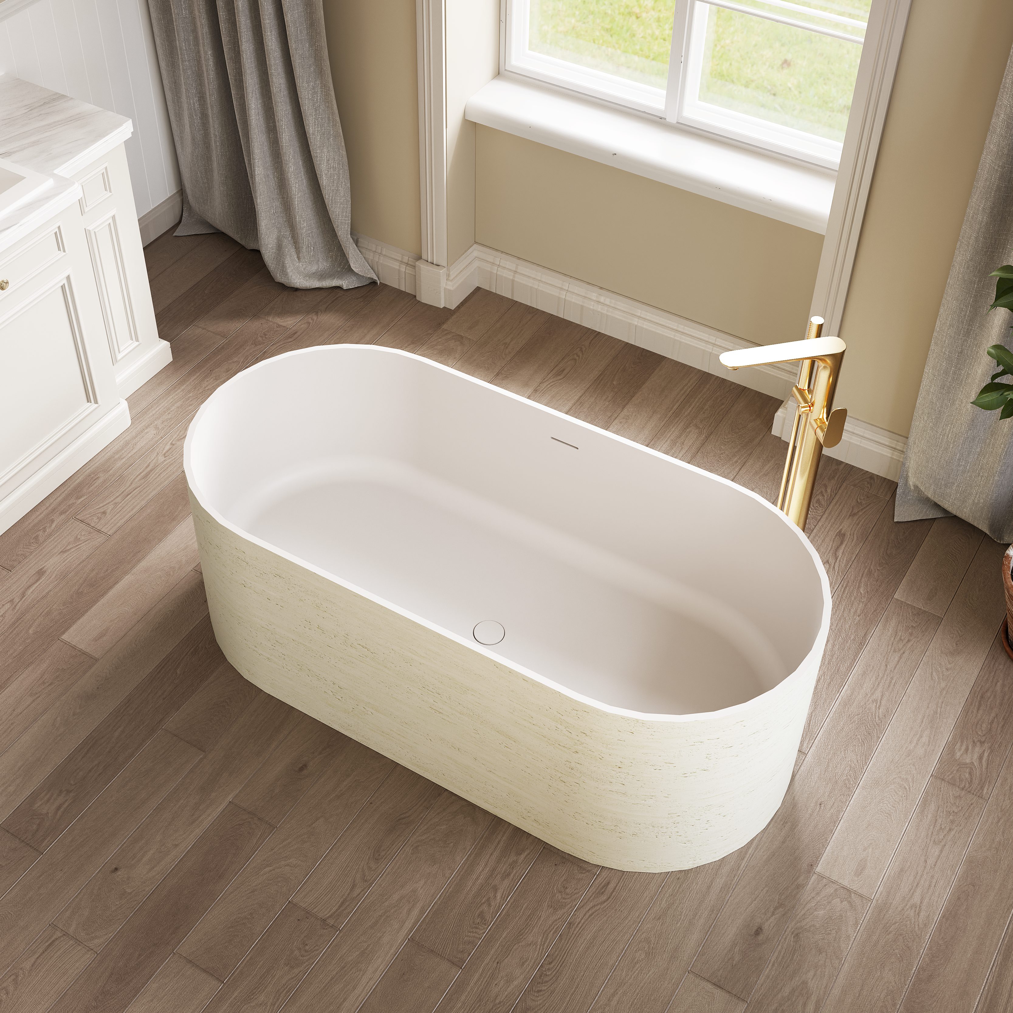 63" Travertine-Inspired Solid Surface Freestanding Bathtub with Handcrafted Texture