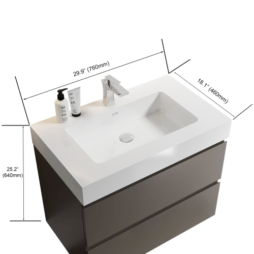 24"/30"/36" Wall-Mounted Gray Bathroom Vanity with White One-Piece Sink Basin