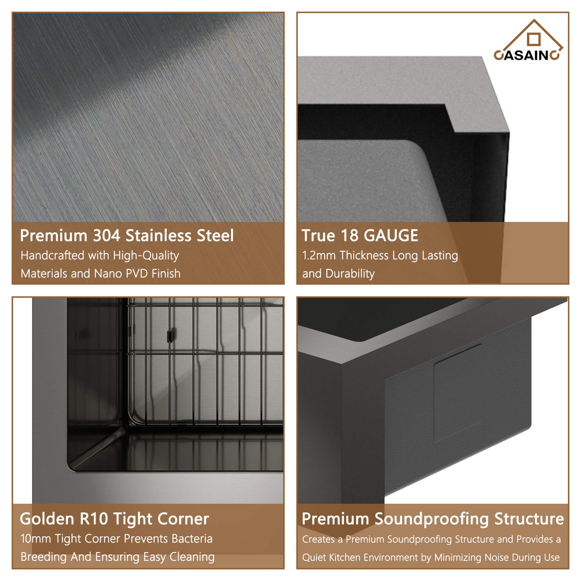 30"/33"/36" Premium 304 Stainless Steel Sink with PVD Finish with Quick Drainage & Silent Noise Reduction, Easy to Clean & Stylish