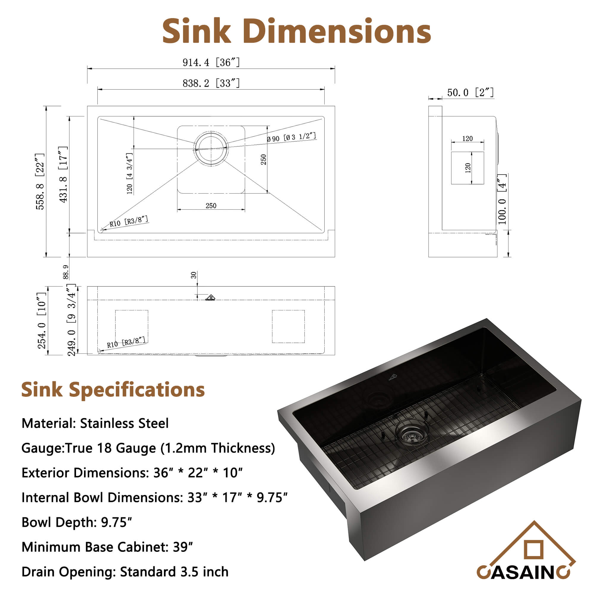 30"/33"/36" Premium 304 Stainless Steel Sink with PVD Finish with Quick Drainage & Silent Noise Reduction, Easy to Clean & Stylish