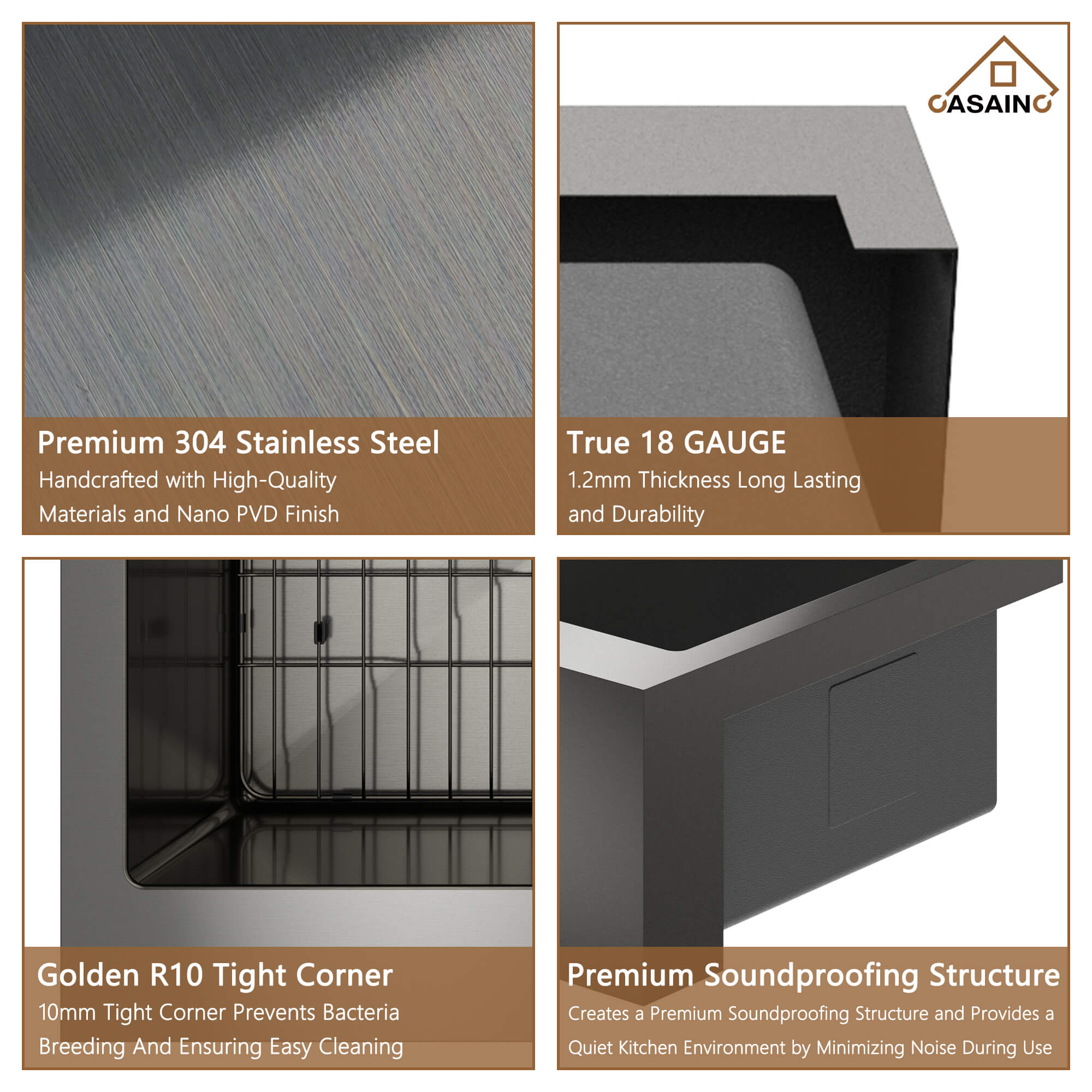 30"/33"/36" Premium 304 Stainless Steel Sink with PVD Finish with Quick Drainage & Silent Noise Reduction, Easy to Clean & Stylish