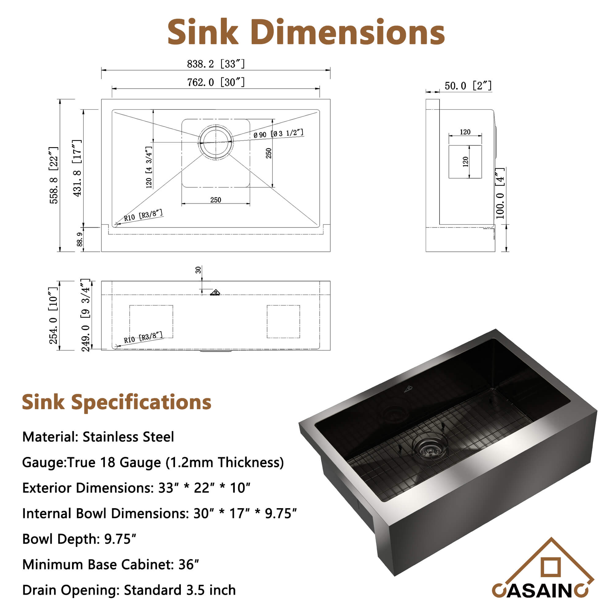 30"/33"/36" Premium 304 Stainless Steel Sink with PVD Finish with Quick Drainage & Silent Noise Reduction, Easy to Clean & Stylish