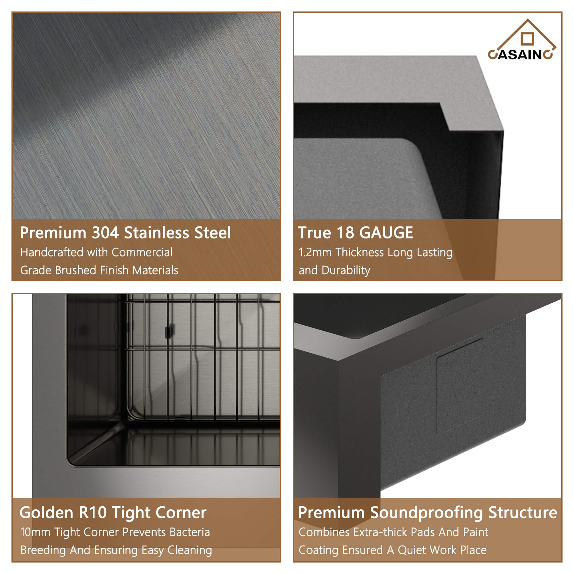 30"/33"/36" Premium 304 Stainless Steel Sink with PVD Finish with Quick Drainage & Silent Noise Reduction, Easy to Clean & Stylish