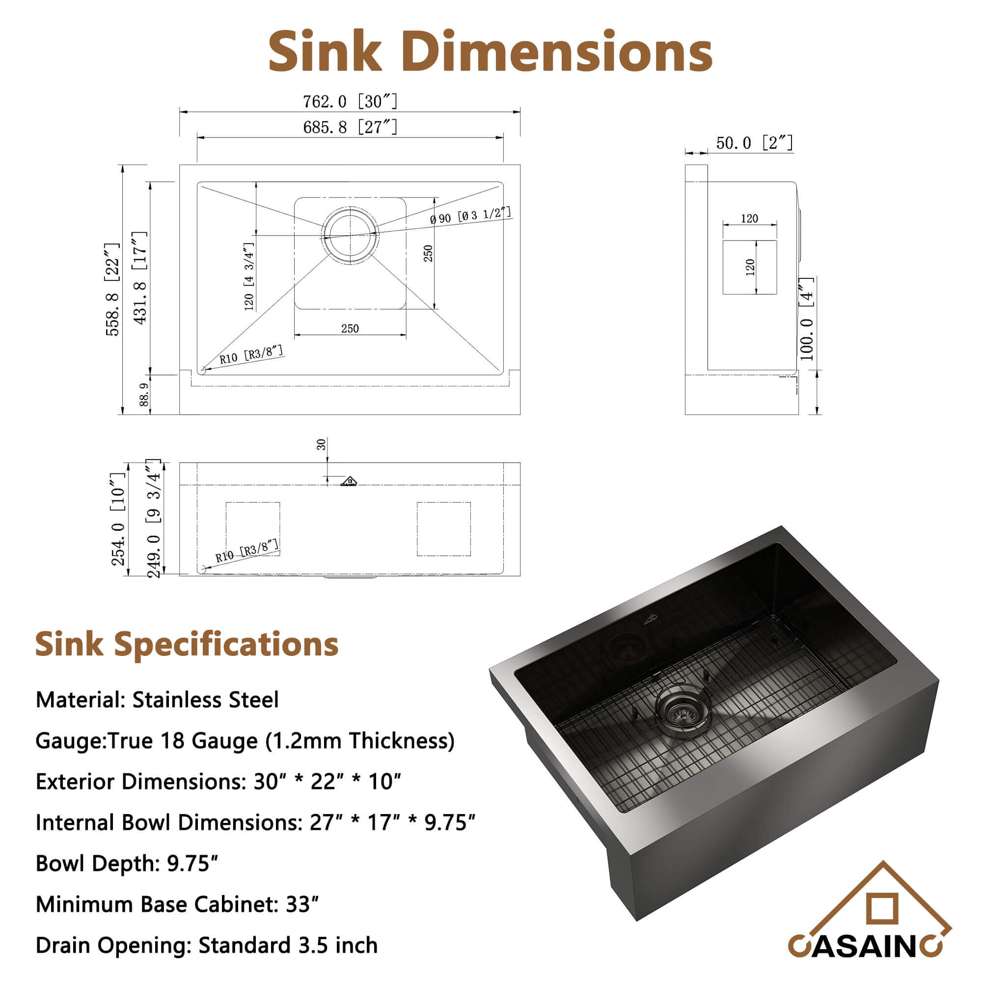 30"/33"/36" Premium 304 Stainless Steel Sink with PVD Finish with Quick Drainage & Silent Noise Reduction, Easy to Clean & Stylish