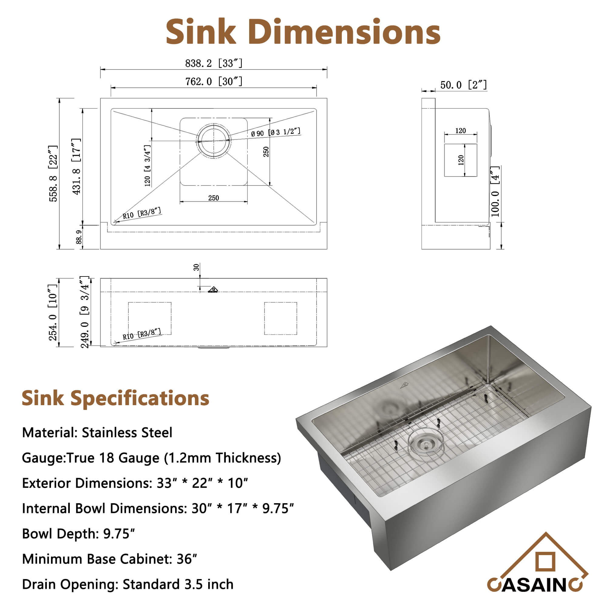 30"/33"/36" Premium All-in-One Deep Basin 304 Stainless Steel Kitchen Sink with Drain Rack,Golden R10 Radius, Smart Drainage, Noise Reduction Features,Innovative X-Shaped Drainage Steel Sink
