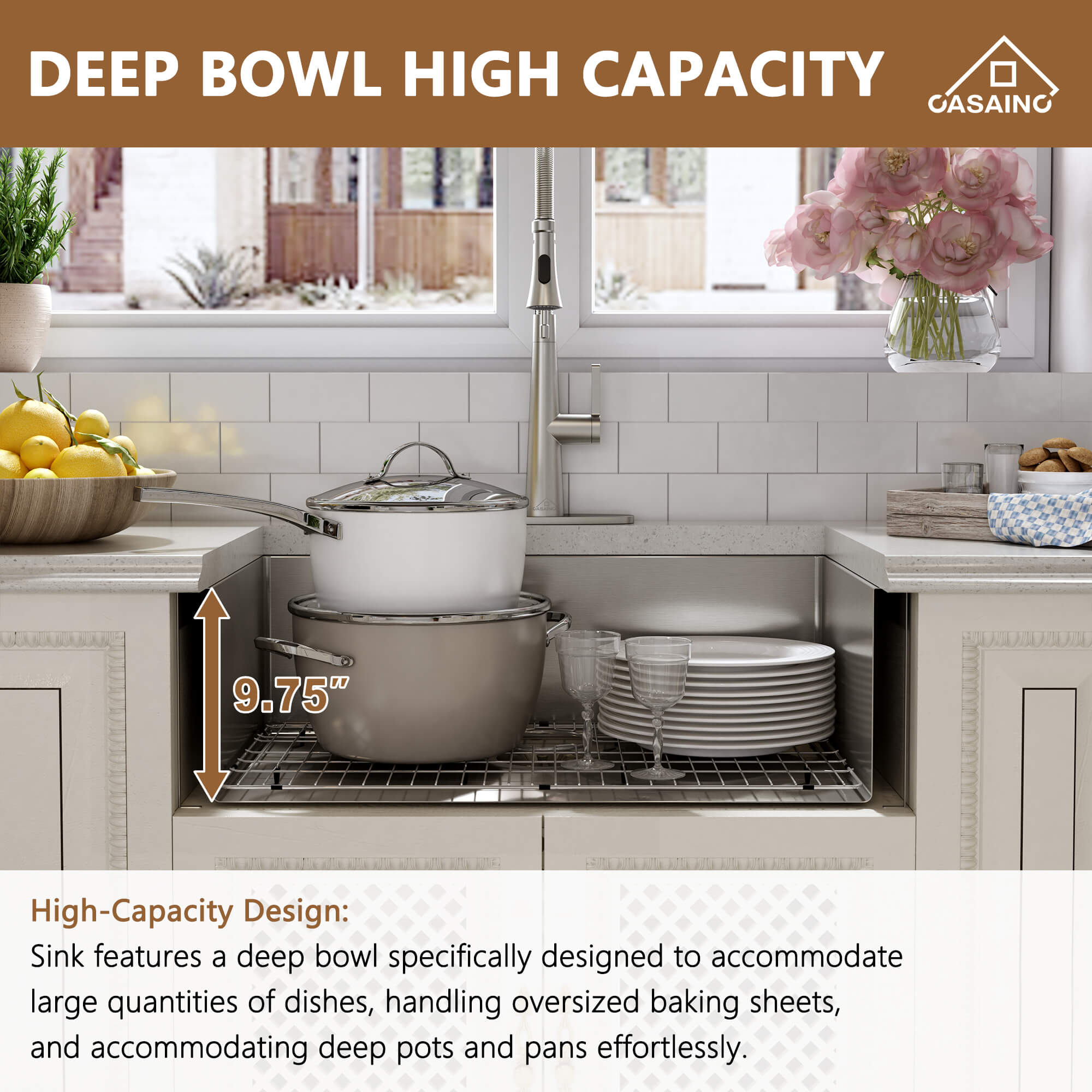 30"/33"/36" Premium All-in-One Deep Basin 304 Stainless Steel Kitchen Sink with Drain Rack,Golden R10 Radius, Smart Drainage, Noise Reduction Features,Innovative X-Shaped Drainage Steel Sink