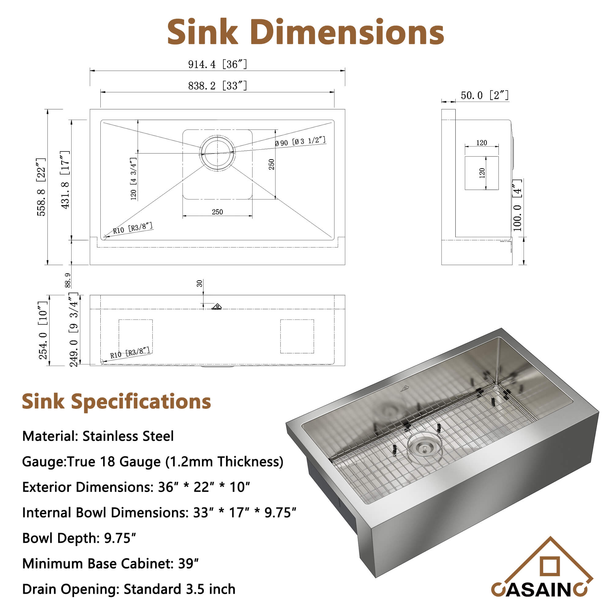 30"/33"/36" Premium All-in-One Deep Basin 304 Stainless Steel Kitchen Sink with Drain Rack,Golden R10 Radius, Smart Drainage, Noise Reduction Features,Innovative X-Shaped Drainage Steel Sink